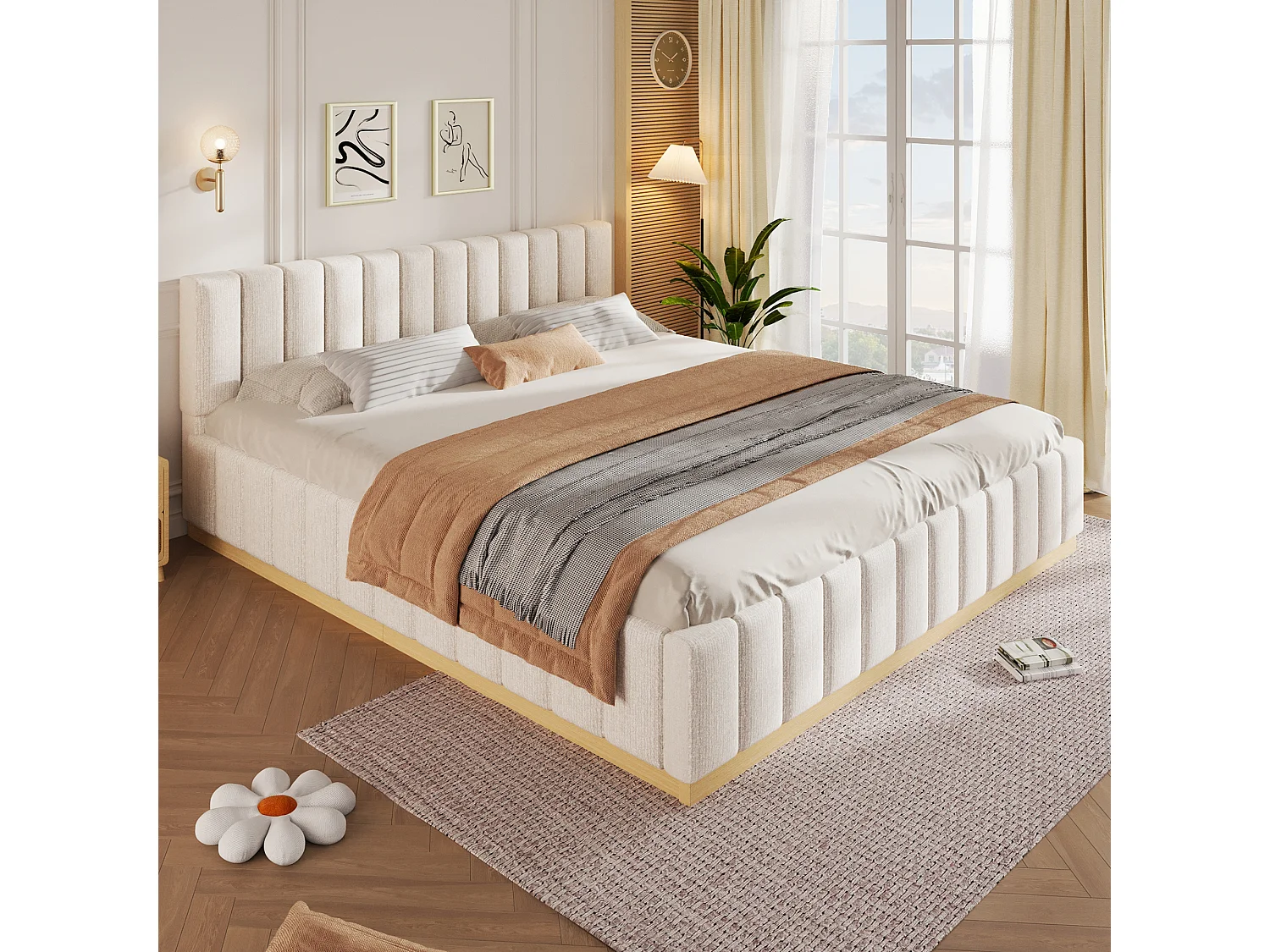 Lit double capitonné 180 x 200 cm - sommier à lattes - avec tête de lit - beige (matelas non inclus)
