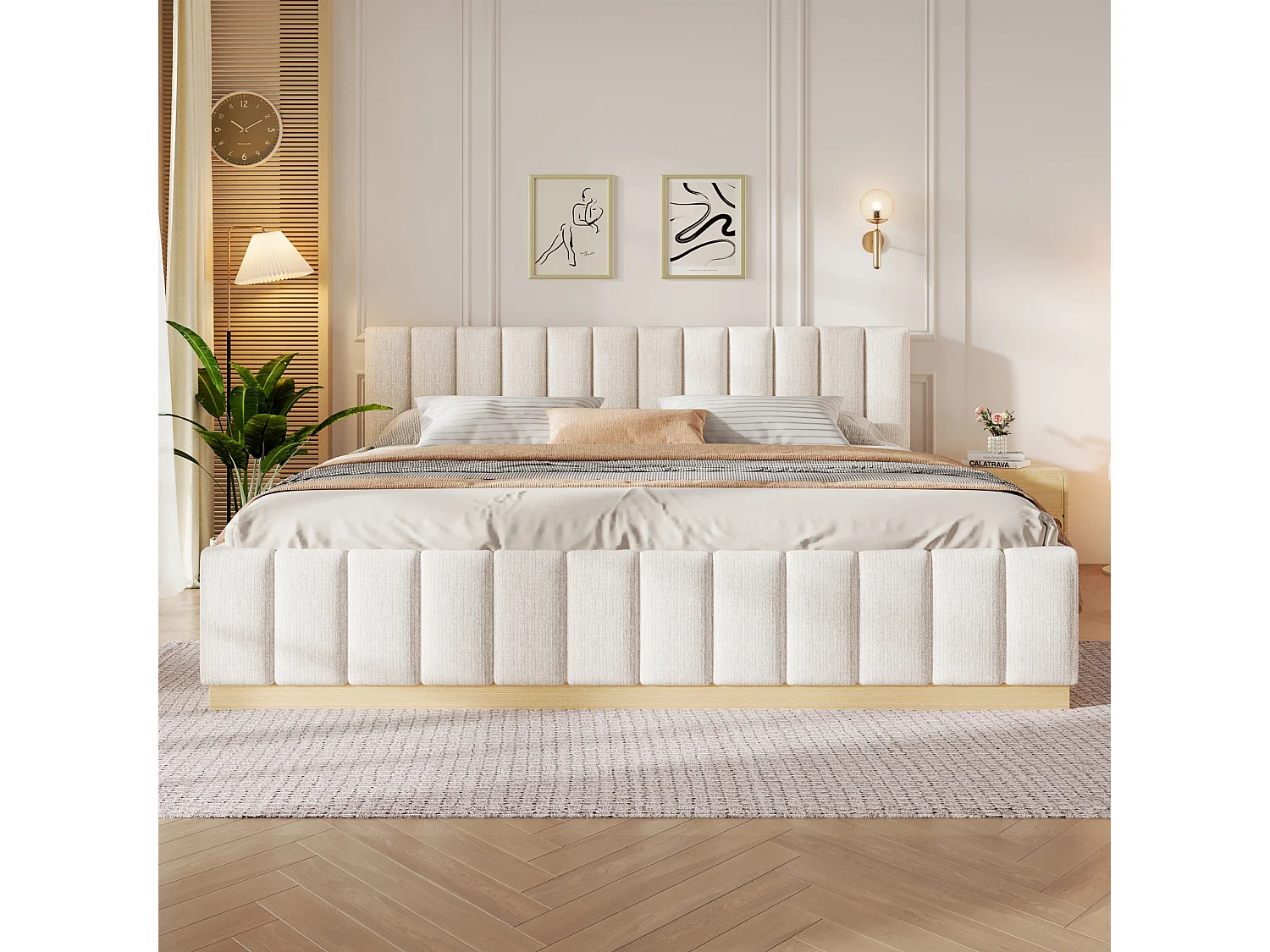 Lit double capitonné 180 x 200 cm - sommier à lattes - avec tête de lit - beige (matelas non inclus)