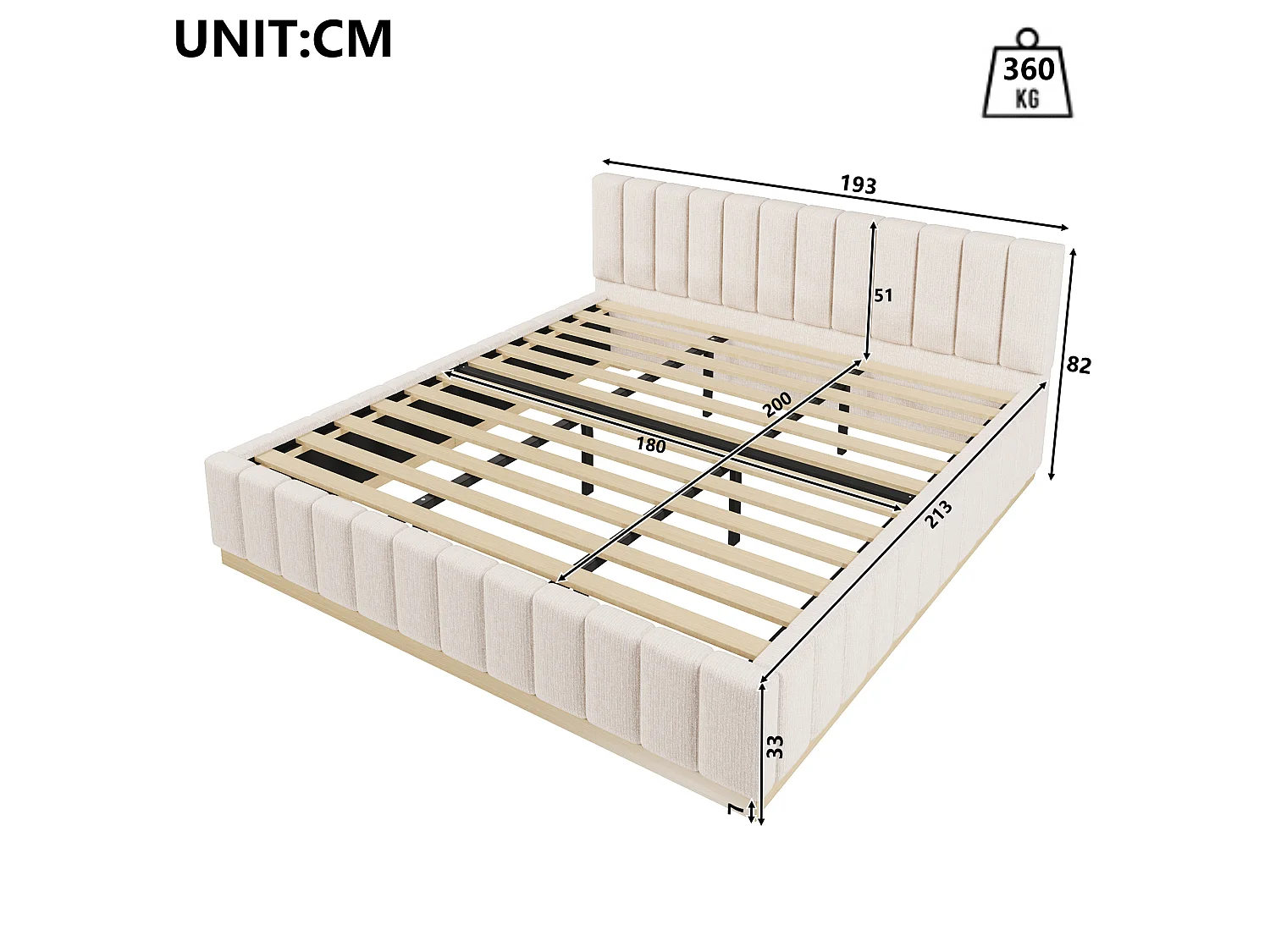 Lit double capitonné 180 x 200 cm - sommier à lattes - avec tête de lit - beige (matelas non inclus)