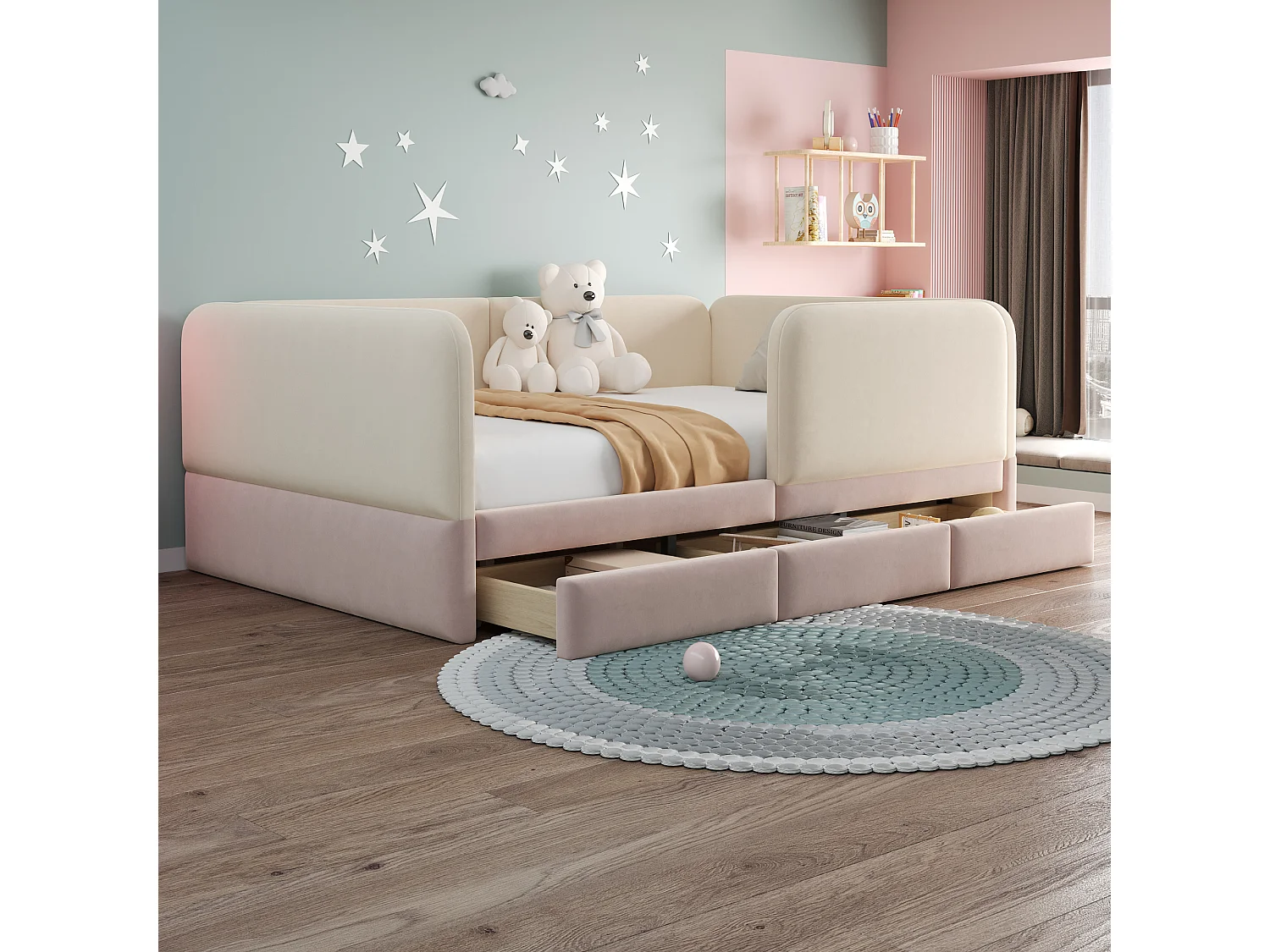 Kinderbed gevoerd 140 x 200 cm - met 3 laden - fluweelstof - roze+beige (matras niet inbegrepen)