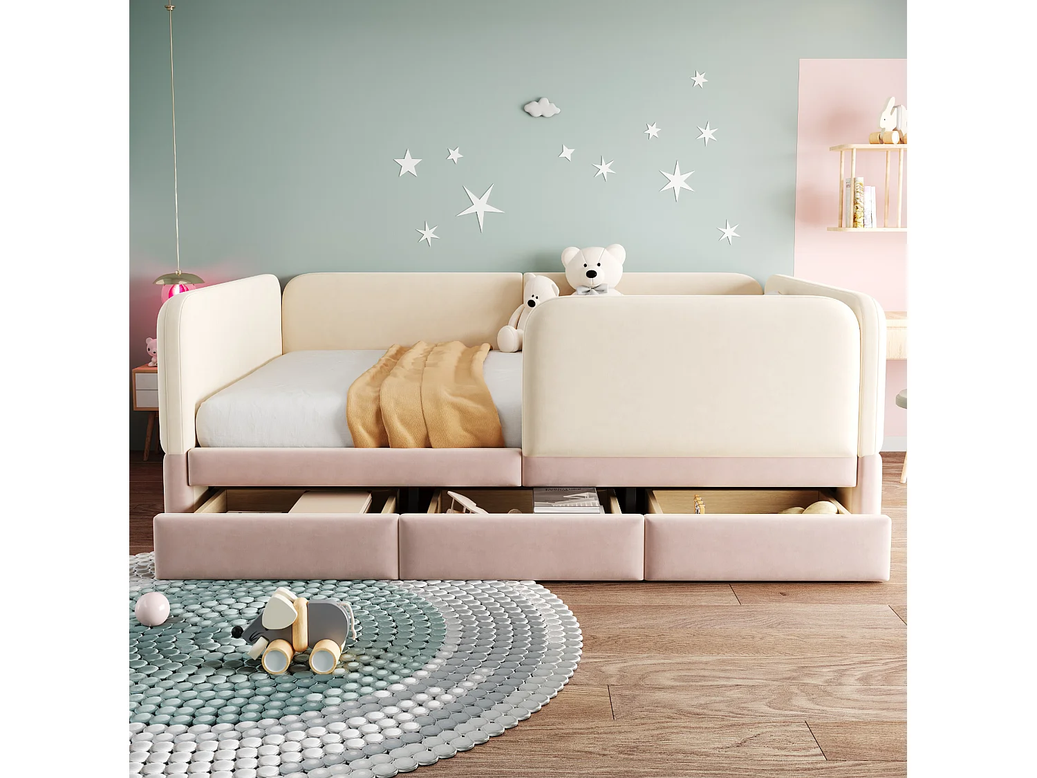 Kinderbed gevoerd 140 x 200 cm - met 3 laden - fluweelstof - roze+beige (matras niet inbegrepen)