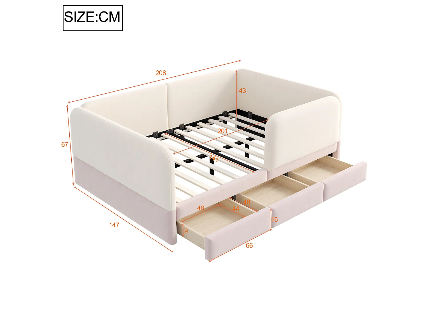 Kinderbed gevoerd 140 x 200 cm - met 3 laden - fluweelstof - roze+beige (matras niet inbegrepen)