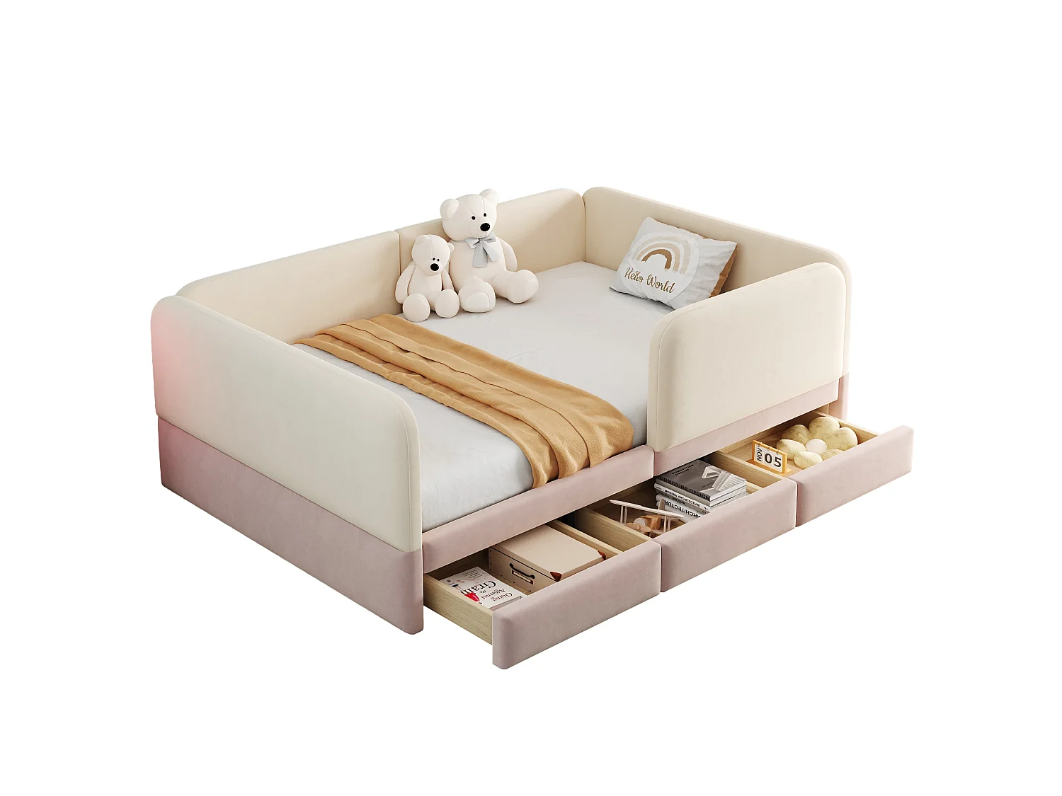 Kinderbed gevoerd 140 x 200 cm - met 3 laden - fluweelstof - roze+beige (matras niet inbegrepen)