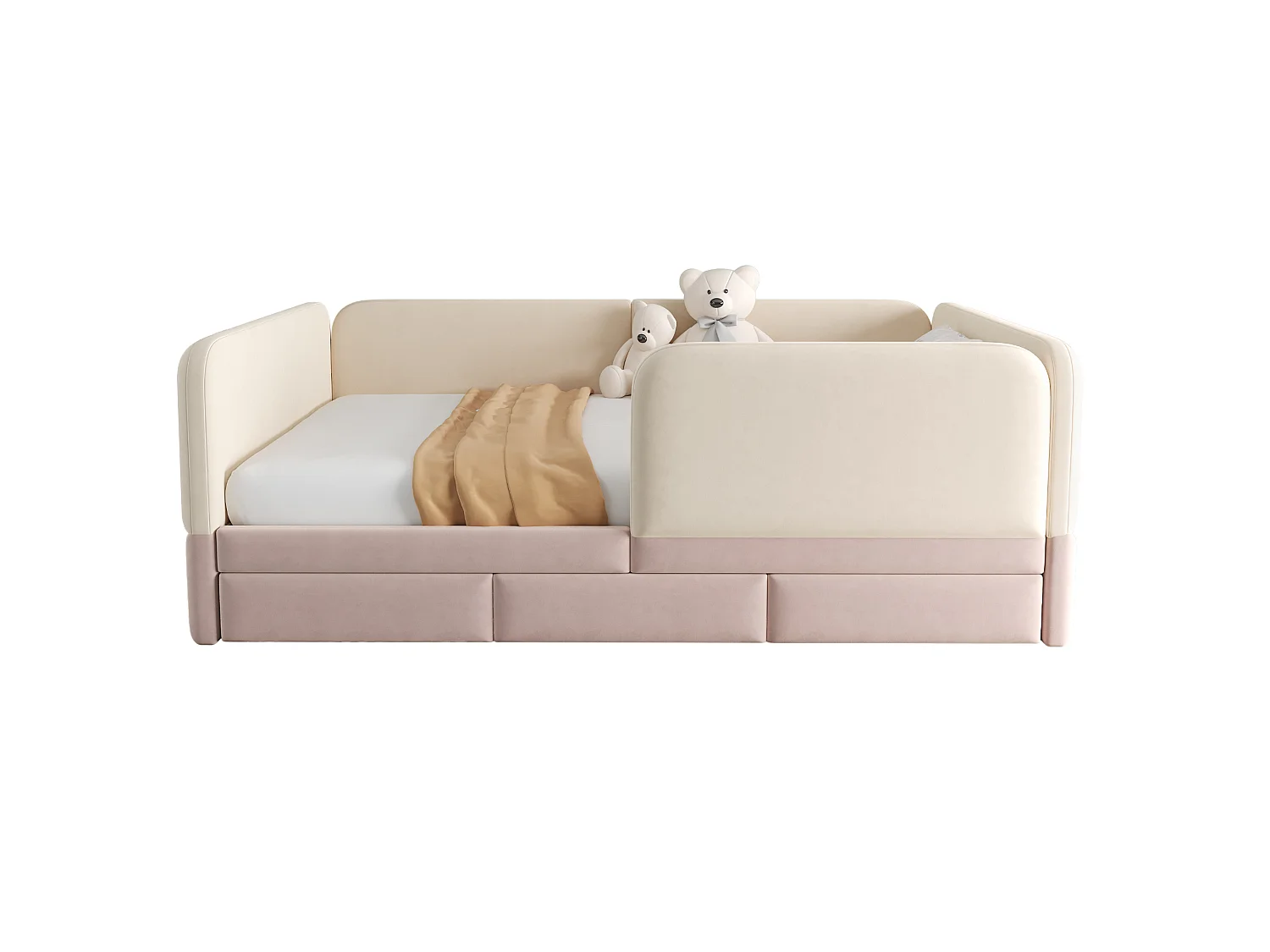 Kinderbed gevoerd 140 x 200 cm - met 3 laden - fluweelstof - roze+beige (matras niet inbegrepen)