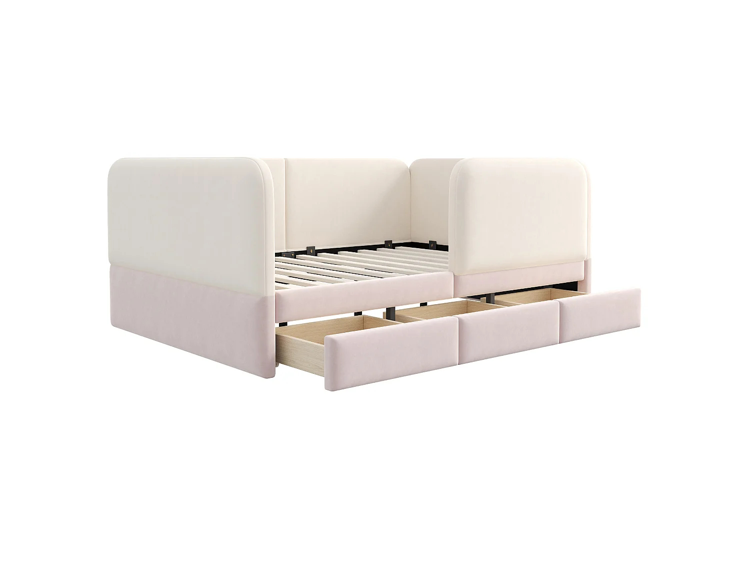 Kinderbed gevoerd 140 x 200 cm - met 3 laden - fluweelstof - roze+beige (matras niet inbegrepen)