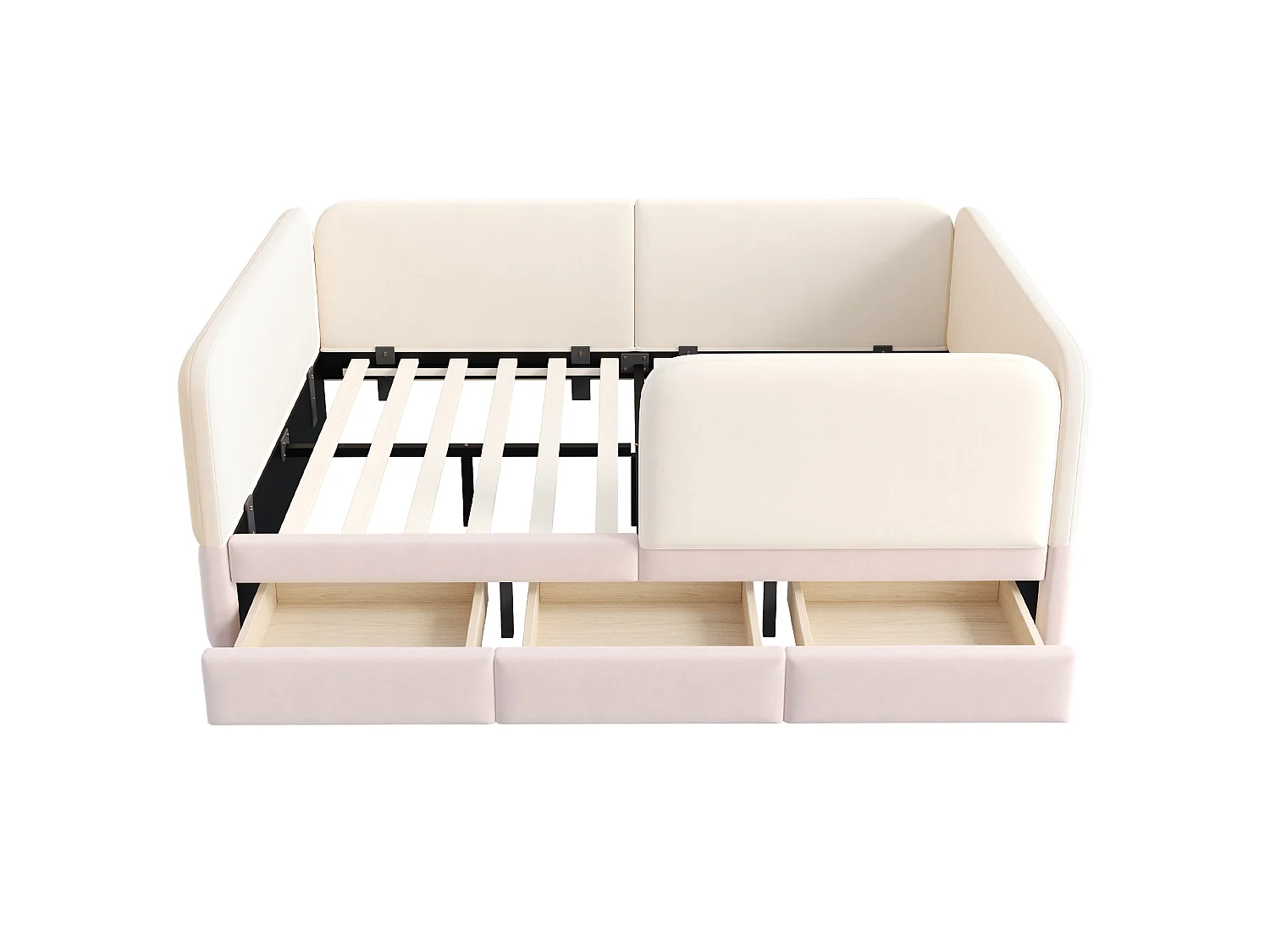 Kinderbed gevoerd 140 x 200 cm - met 3 laden - fluweelstof - roze+beige (matras niet inbegrepen)