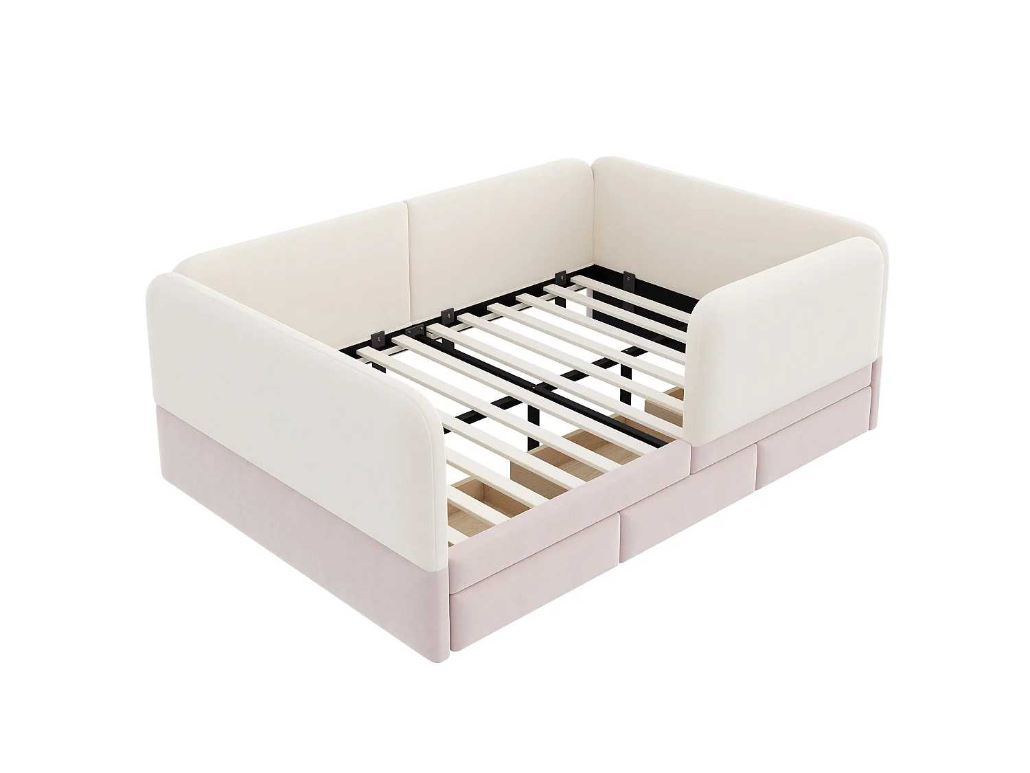 Kinderbed gevoerd 140 x 200 cm - met 3 laden - fluweelstof - roze+beige (matras niet inbegrepen)