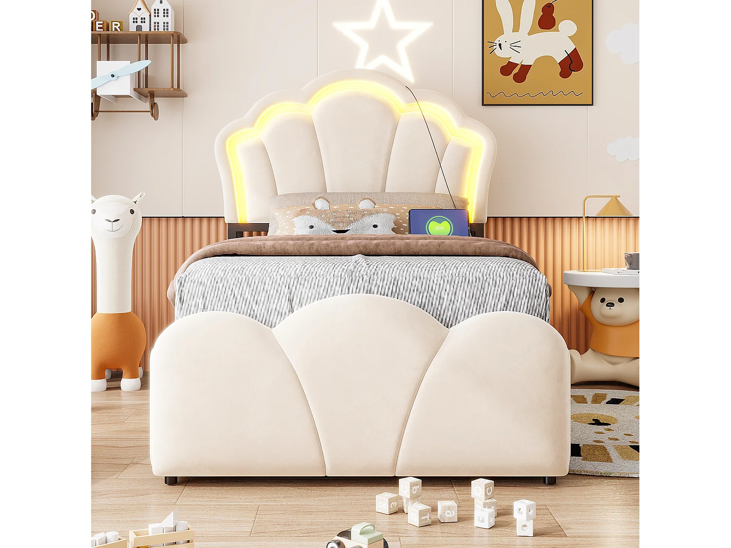 Lit coffre capitonné 90 x 200 cm - avec lumière LED - avec prise électrique intégrée - beige (matelas non inclus)