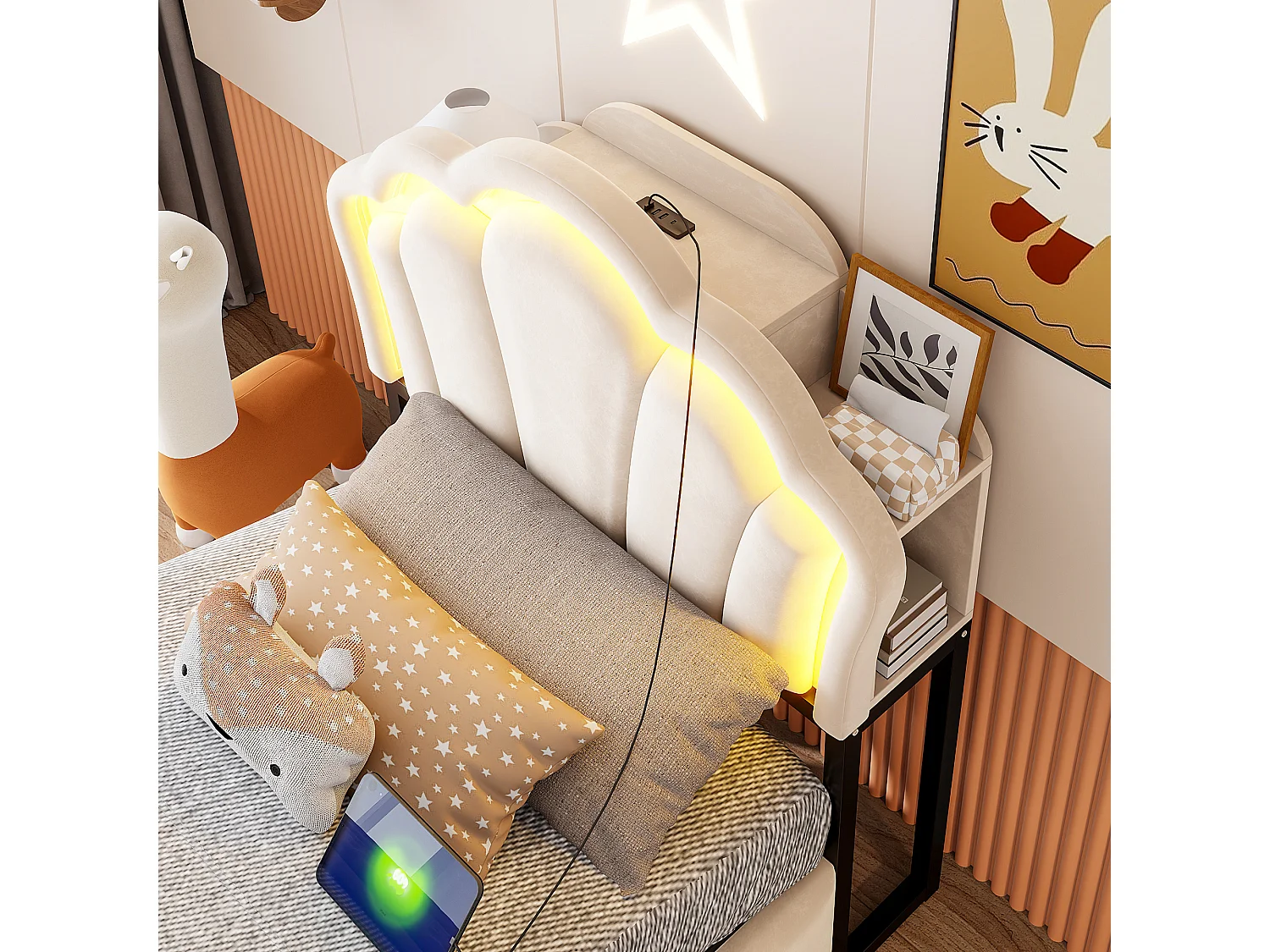 Lit coffre capitonné 90 x 200 cm - avec lumière LED - avec prise électrique intégrée - beige (matelas non inclus)