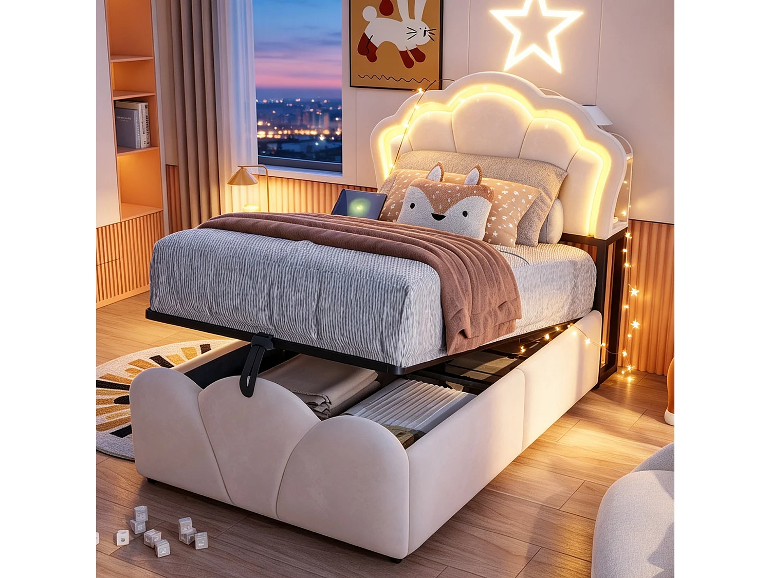 Lit coffre capitonné 90 x 200 cm - avec lumière LED - avec prise électrique intégrée - beige (matelas non inclus)