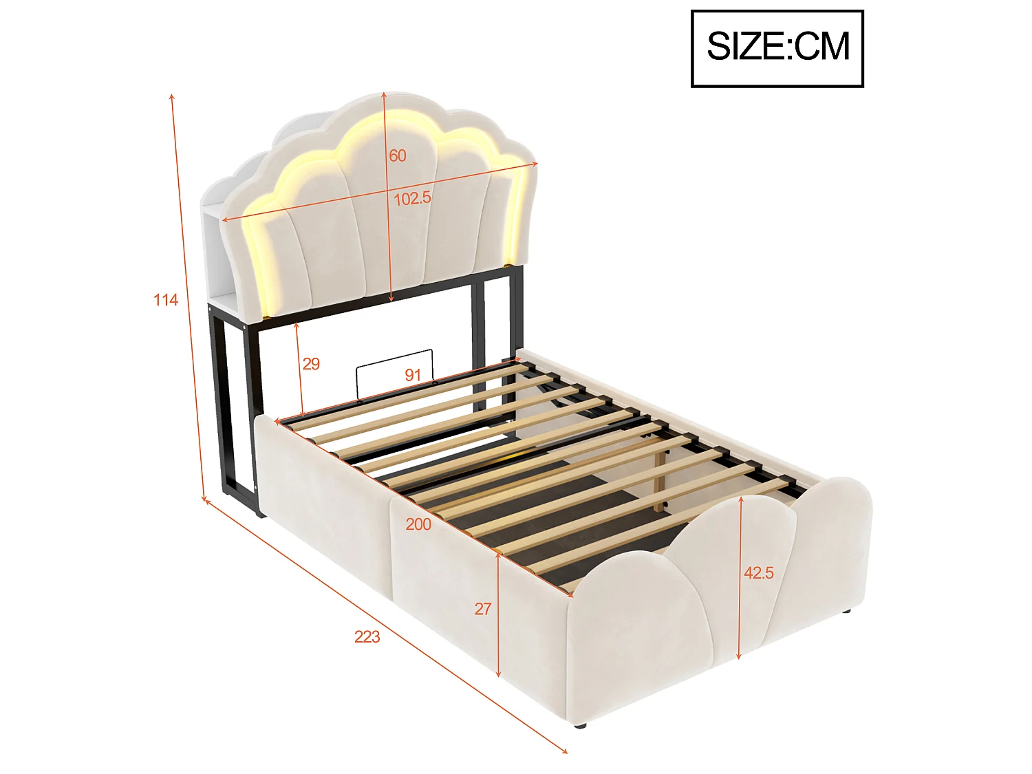Lit coffre capitonné 90 x 200 cm - avec lumière LED - avec prise électrique intégrée - beige (matelas non inclus)