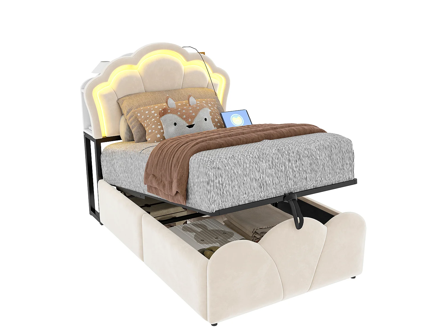 Lit coffre capitonné 90 x 200 cm - avec lumière LED - avec prise électrique intégrée - beige (matelas non inclus)