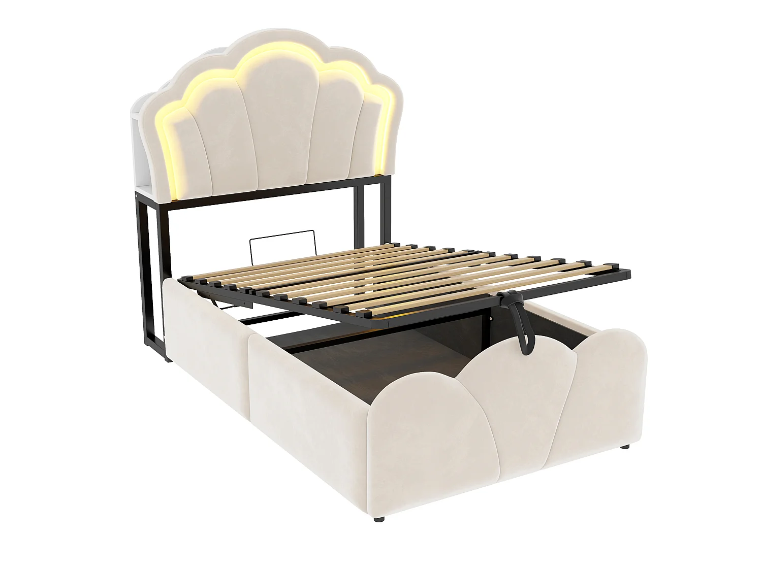 Lit coffre capitonné 90 x 200 cm - avec lumière LED - avec prise électrique intégrée - beige (matelas non inclus)