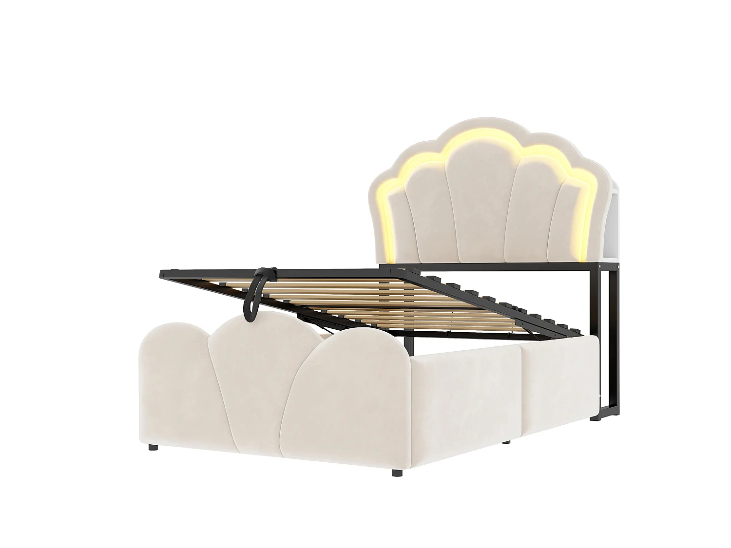 Lit coffre capitonné 90 x 200 cm - avec lumière LED - avec prise électrique intégrée - beige (matelas non inclus)
