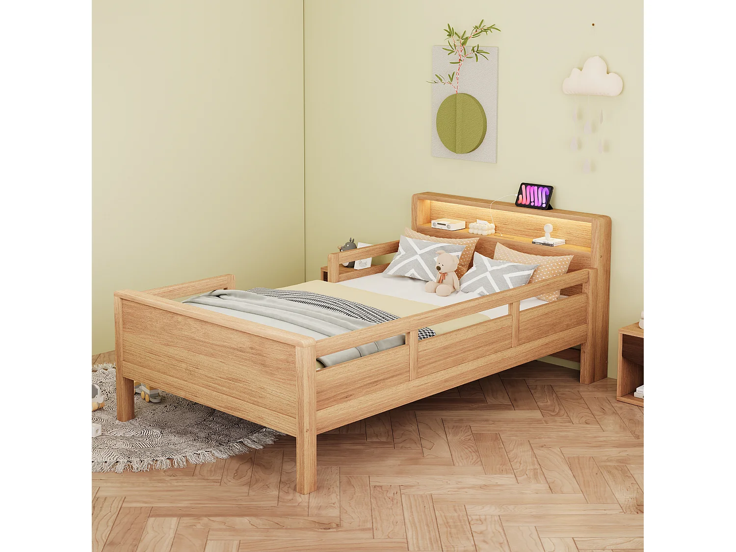 Letto per bambini 90 x 200 cm con LED, porta USB/USB-C e testiera con contenitore – Pino, MDF e compensato – Naturale (Materasso non incluso)