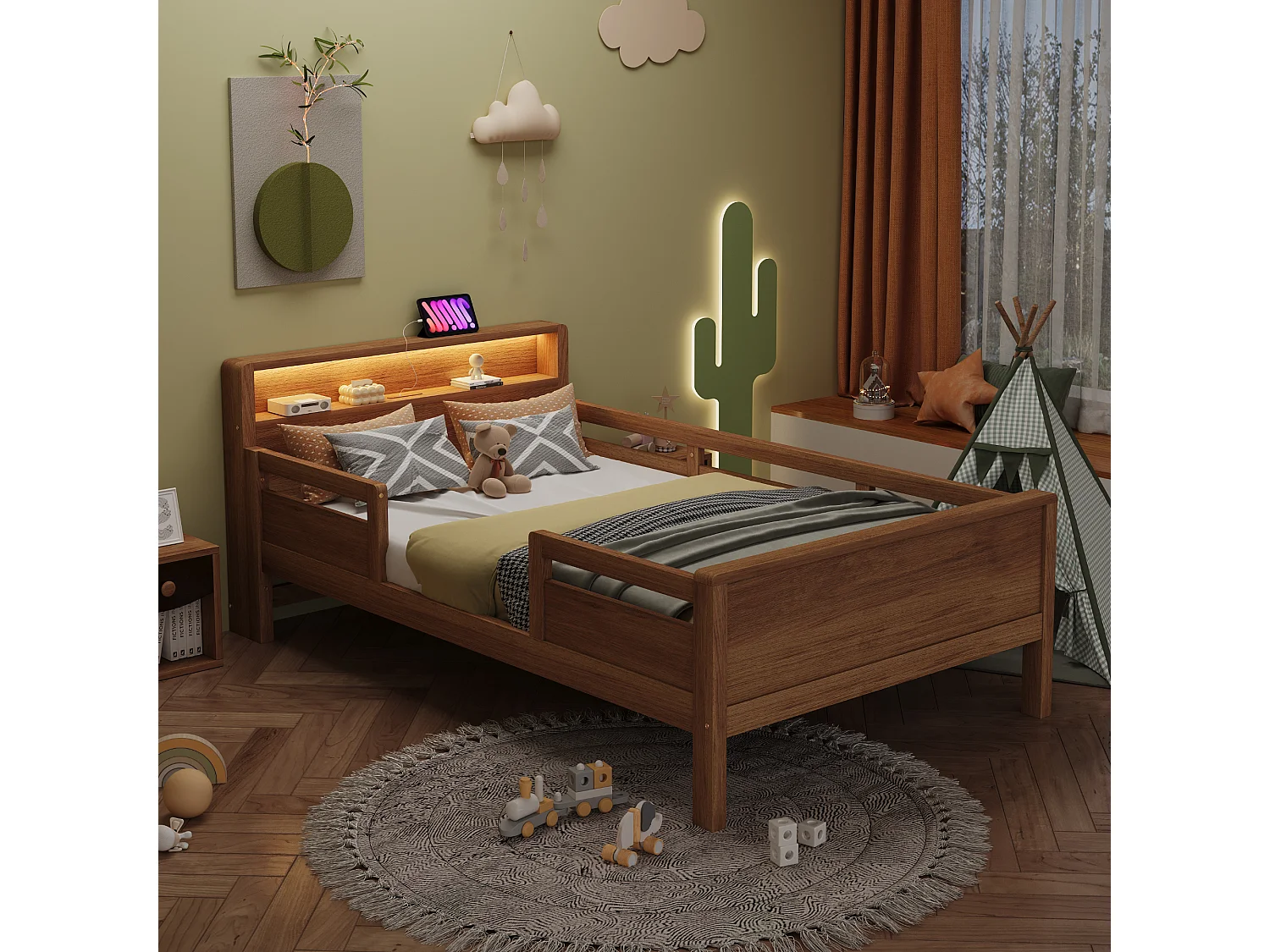 Letto per bambini 90 x 200 cm con LED, porta USB/USB-C e testiera con contenitore – Pino, MDF e compensato – Naturale (Materasso non incluso)