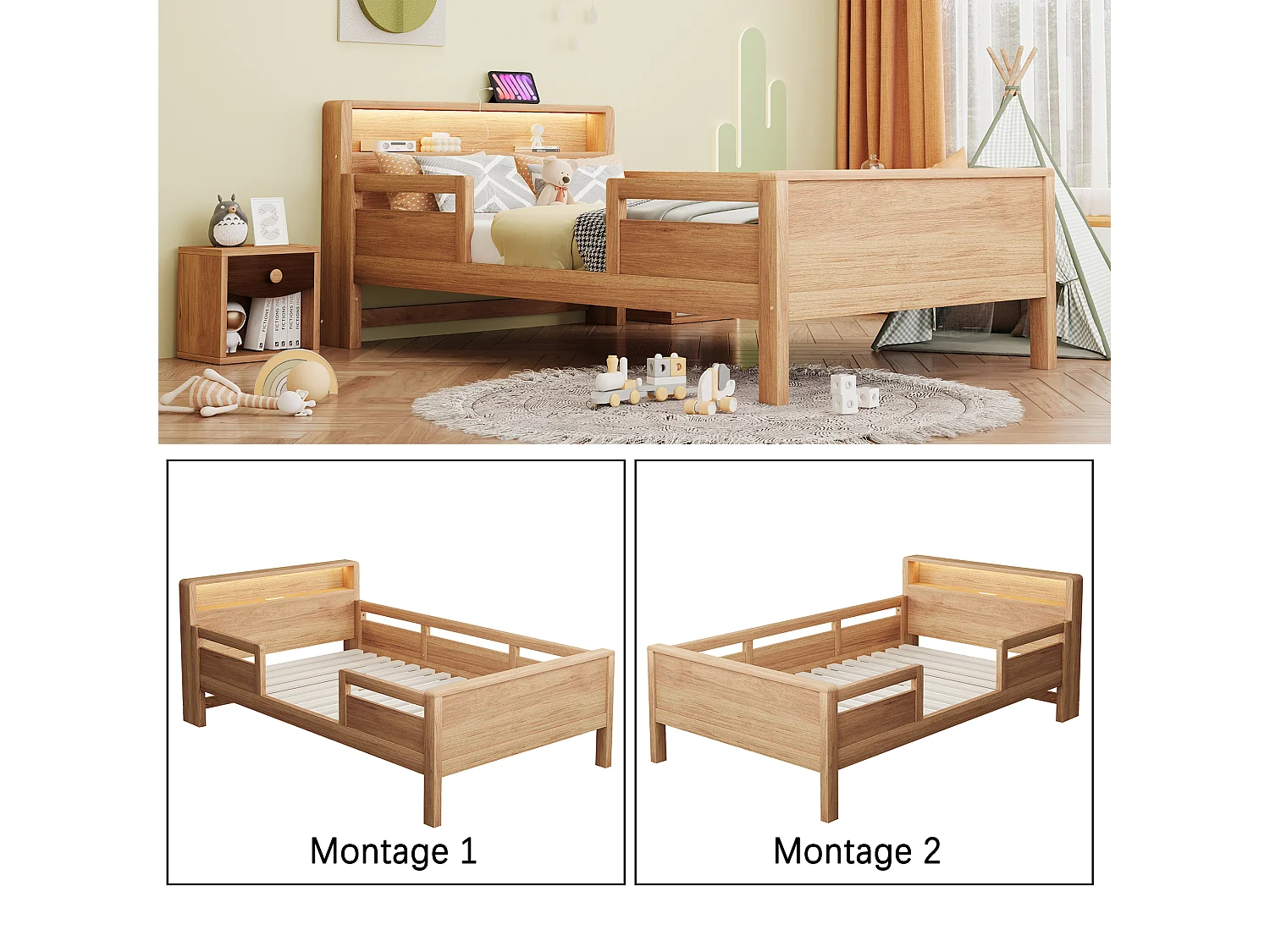 Letto per bambini 90 x 200 cm con LED, porta USB/USB-C e testiera con contenitore – Pino, MDF e compensato – Naturale (Materasso non incluso)