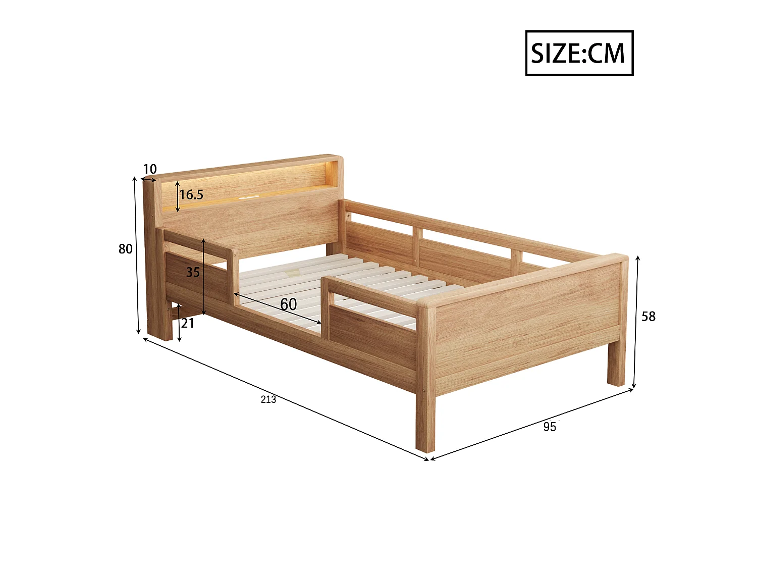 Letto per bambini 90 x 200 cm con LED, porta USB/USB-C e testiera con contenitore – Pino, MDF e compensato – Naturale (Materasso non incluso)