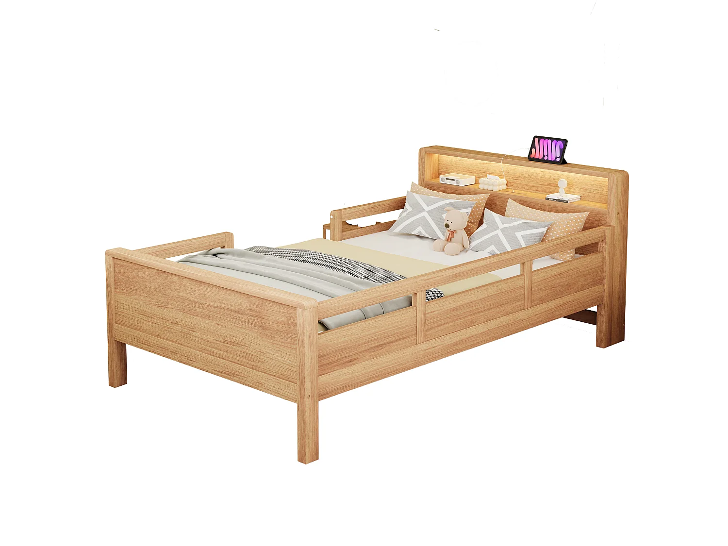 Letto per bambini 90 x 200 cm con LED, porta USB/USB-C e testiera con contenitore – Pino, MDF e compensato – Naturale (Materasso non incluso)
