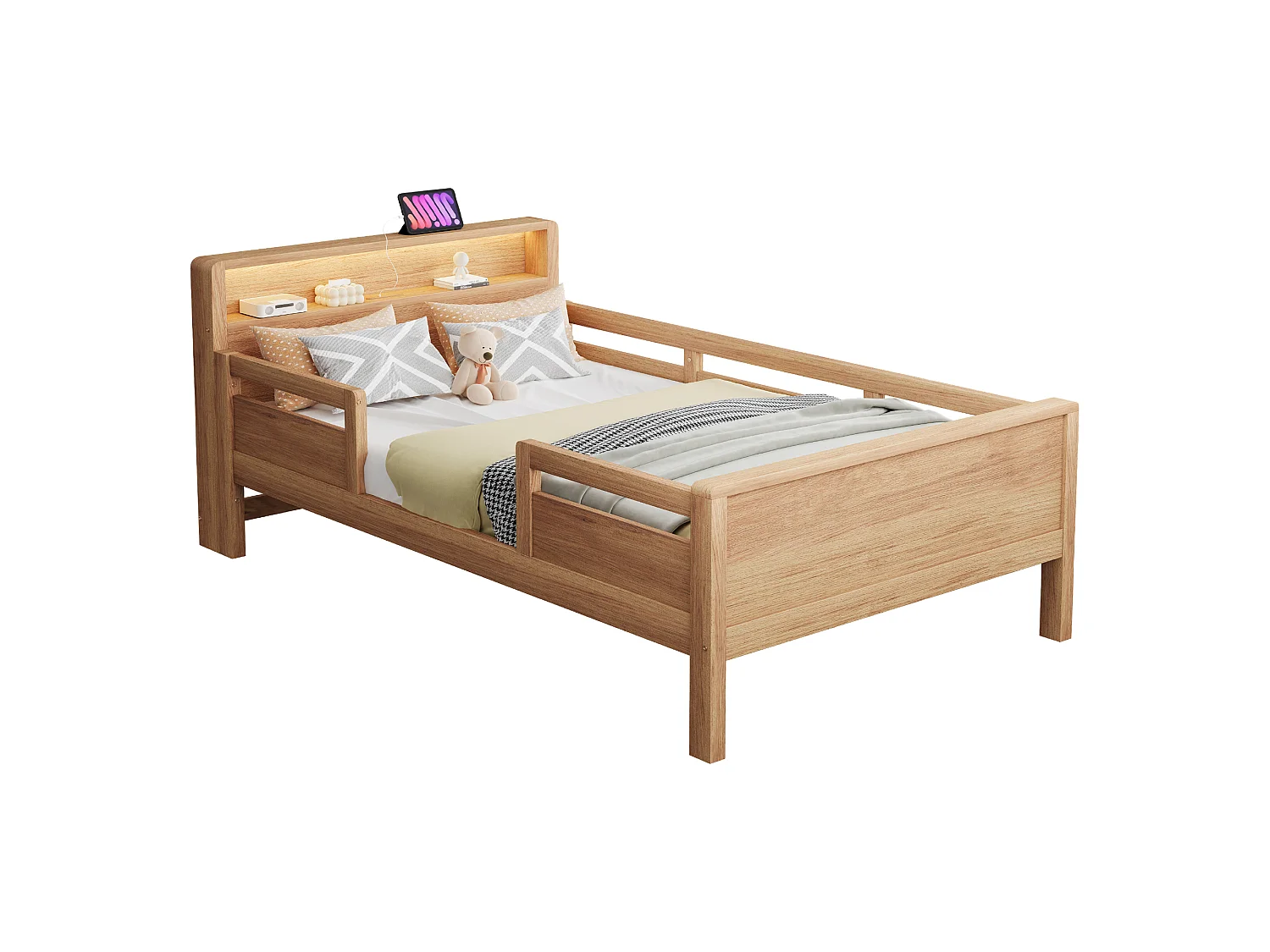 Letto per bambini 90 x 200 cm con LED, porta USB/USB-C e testiera con contenitore – Pino, MDF e compensato – Naturale (Materasso non incluso)