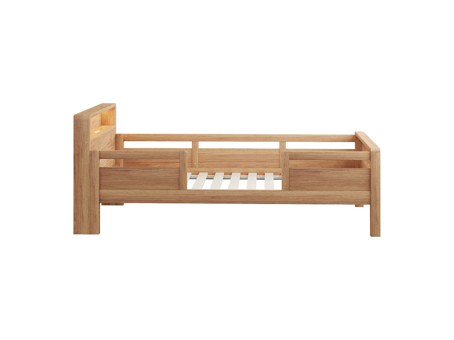 Letto per bambini 90 x 200 cm con LED, porta USB/USB-C e testiera con contenitore – Pino, MDF e compensato – Naturale (Materasso non incluso)