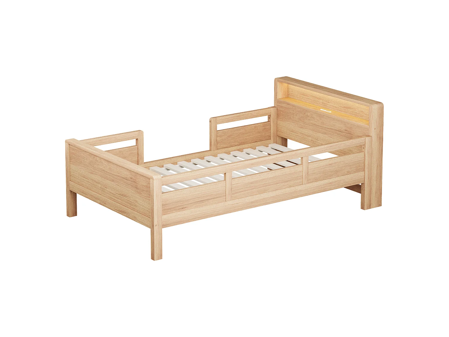 Letto per bambini 90 x 200 cm con LED, porta USB/USB-C e testiera con contenitore – Pino, MDF e compensato – Naturale (Materasso non incluso)