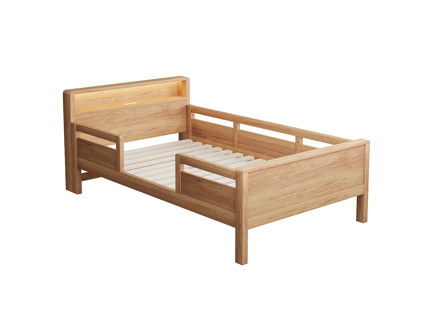 Letto per bambini 90 x 200 cm con LED, porta USB/USB-C e testiera con contenitore – Pino, MDF e compensato – Naturale (Materasso non incluso)