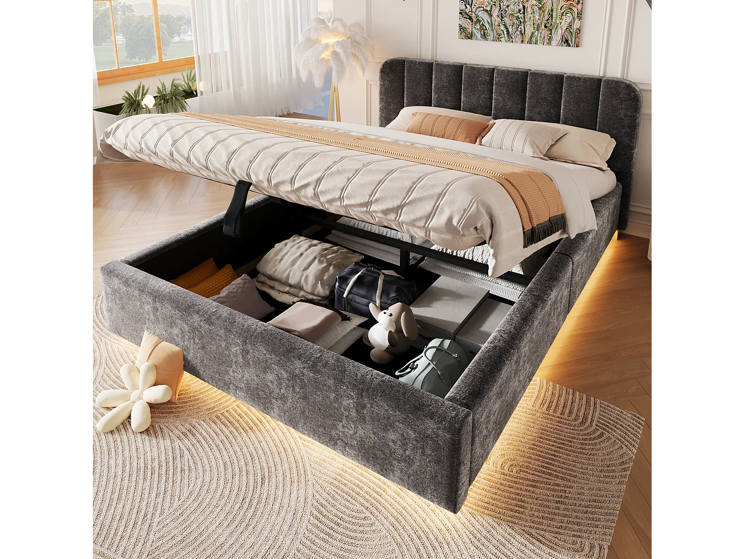 Lit coffre capitonné 140 x 200 cm - avec tête de lit capitonnée - avec bande lumineuse LED - gris (matelas non inclus)