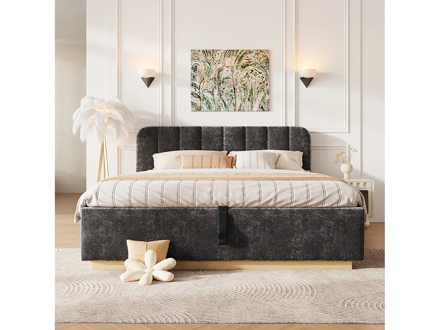 Lit coffre capitonné 140 x 200 cm - avec tête de lit capitonnée - avec bande lumineuse LED - gris (matelas non inclus)