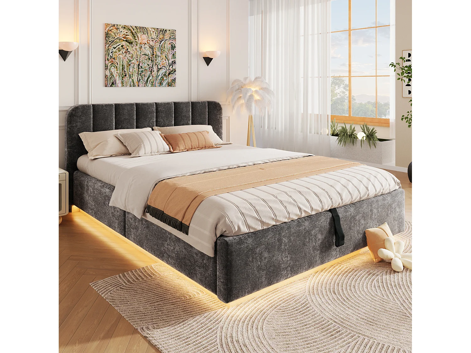 Lit coffre capitonné 140 x 200 cm - avec tête de lit capitonnée - avec bande lumineuse LED - gris (matelas non inclus)