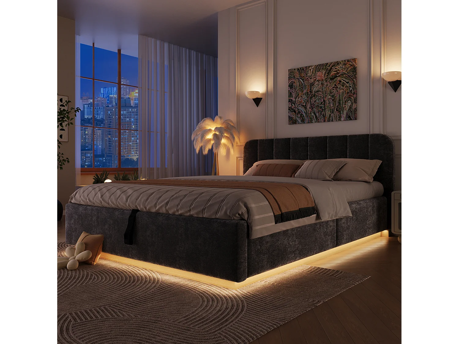 Lit coffre capitonné 140 x 200 cm - avec tête de lit capitonnée - avec bande lumineuse LED - gris (matelas non inclus)