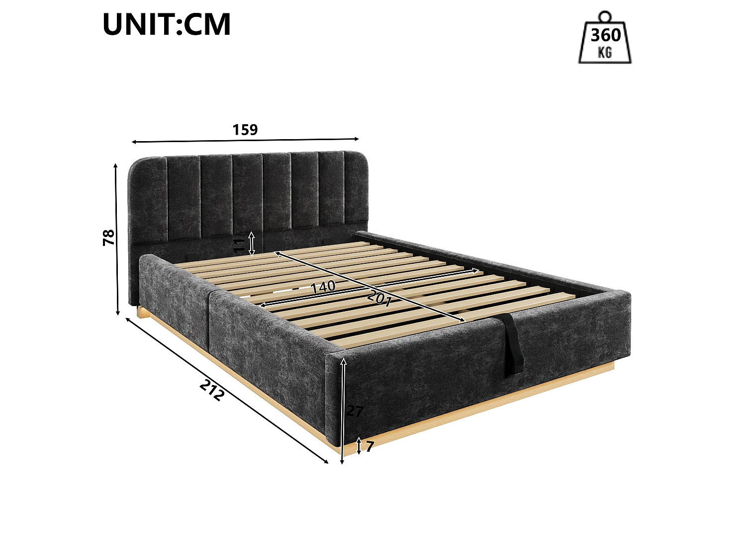 Lit coffre capitonné 140 x 200 cm - avec tête de lit capitonnée - avec bande lumineuse LED - gris (matelas non inclus)
