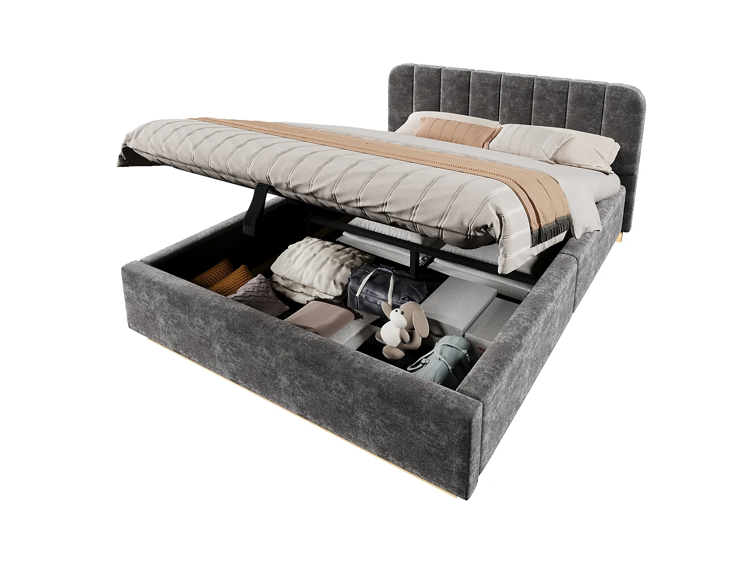 Lit coffre capitonné 140 x 200 cm - avec tête de lit capitonnée - avec bande lumineuse LED - gris (matelas non inclus)