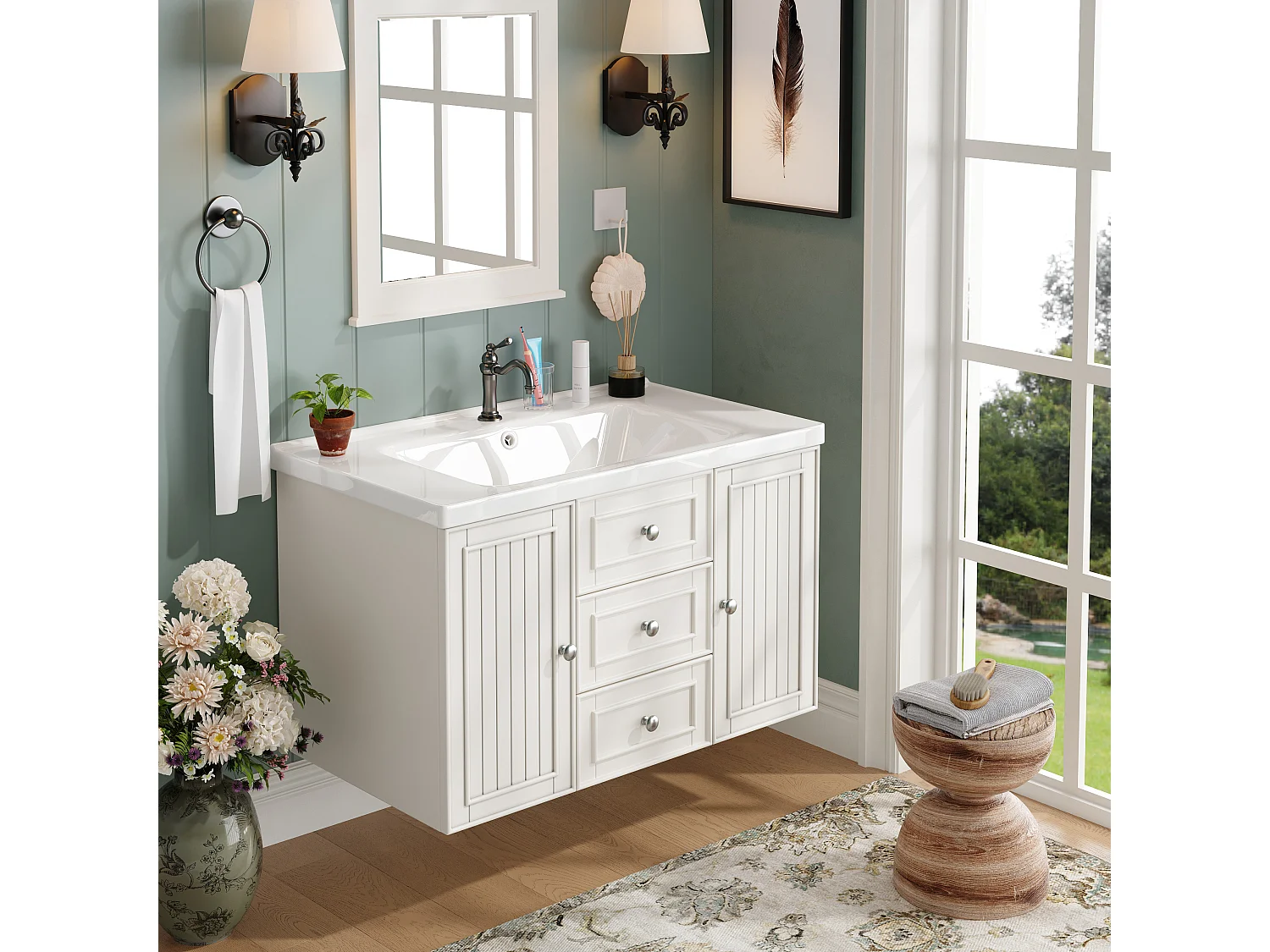 Mobile bagno con lavabo singolo, 2 ante e 3 cassetti, a parete - 78,5 x 46 x 46,8 cm - Ceramica, MDF - Bianco