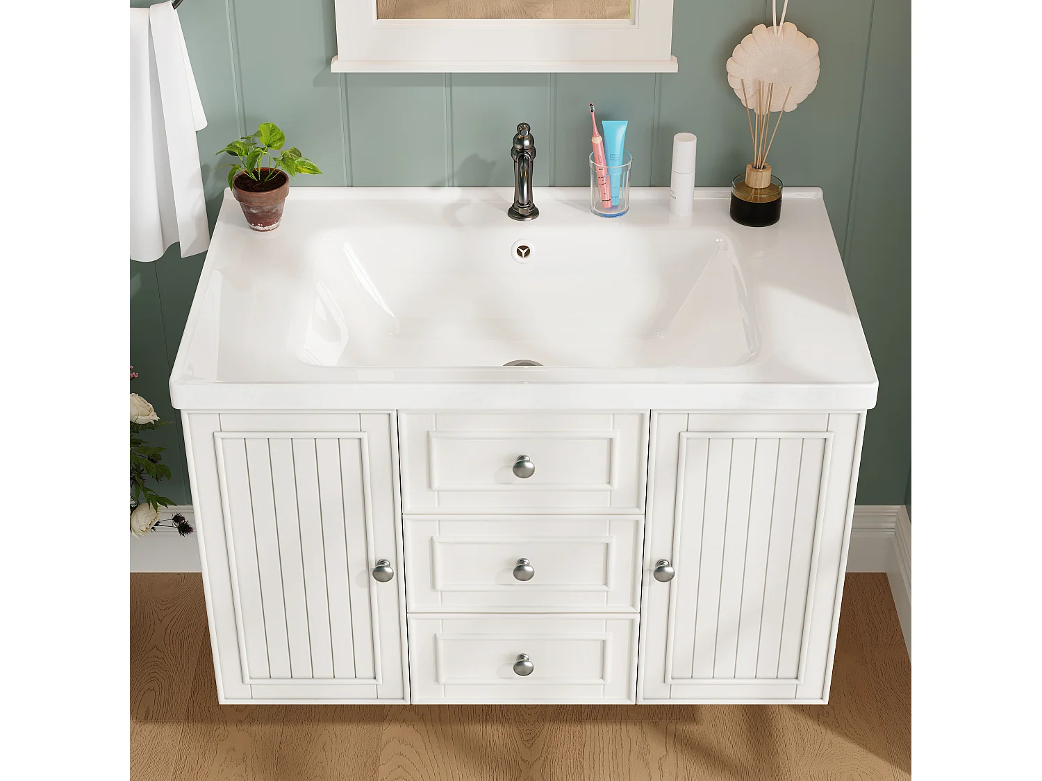 Mobile bagno con lavabo singolo, 2 ante e 3 cassetti, a parete - 78,5 x 46 x 46,8 cm - Ceramica, MDF - Bianco