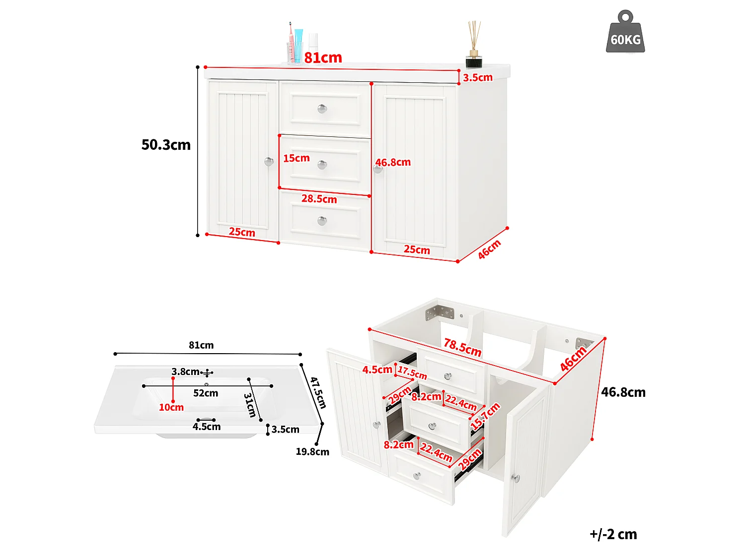 Mobile bagno con lavabo singolo, 2 ante e 3 cassetti, a parete - 78,5 x 46 x 46,8 cm - Ceramica, MDF - Bianco