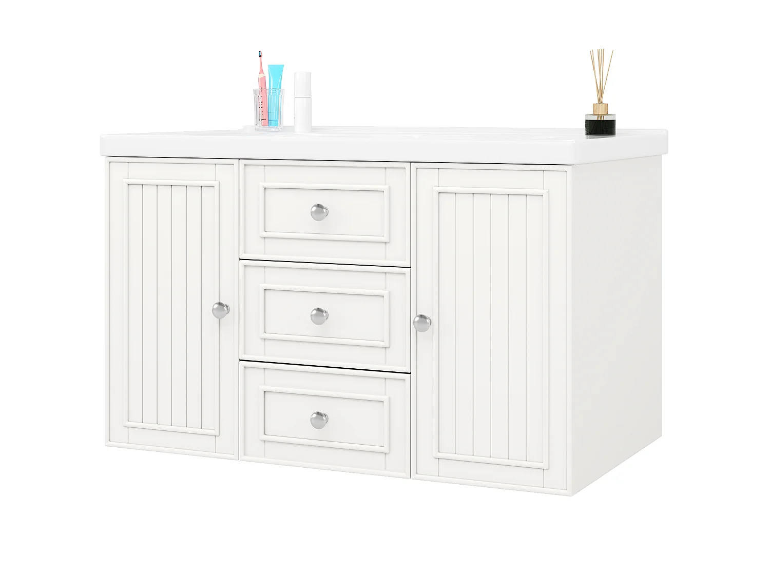 Mobile bagno con lavabo singolo, 2 ante e 3 cassetti, a parete - 78,5 x 46 x 46,8 cm - Ceramica, MDF - Bianco