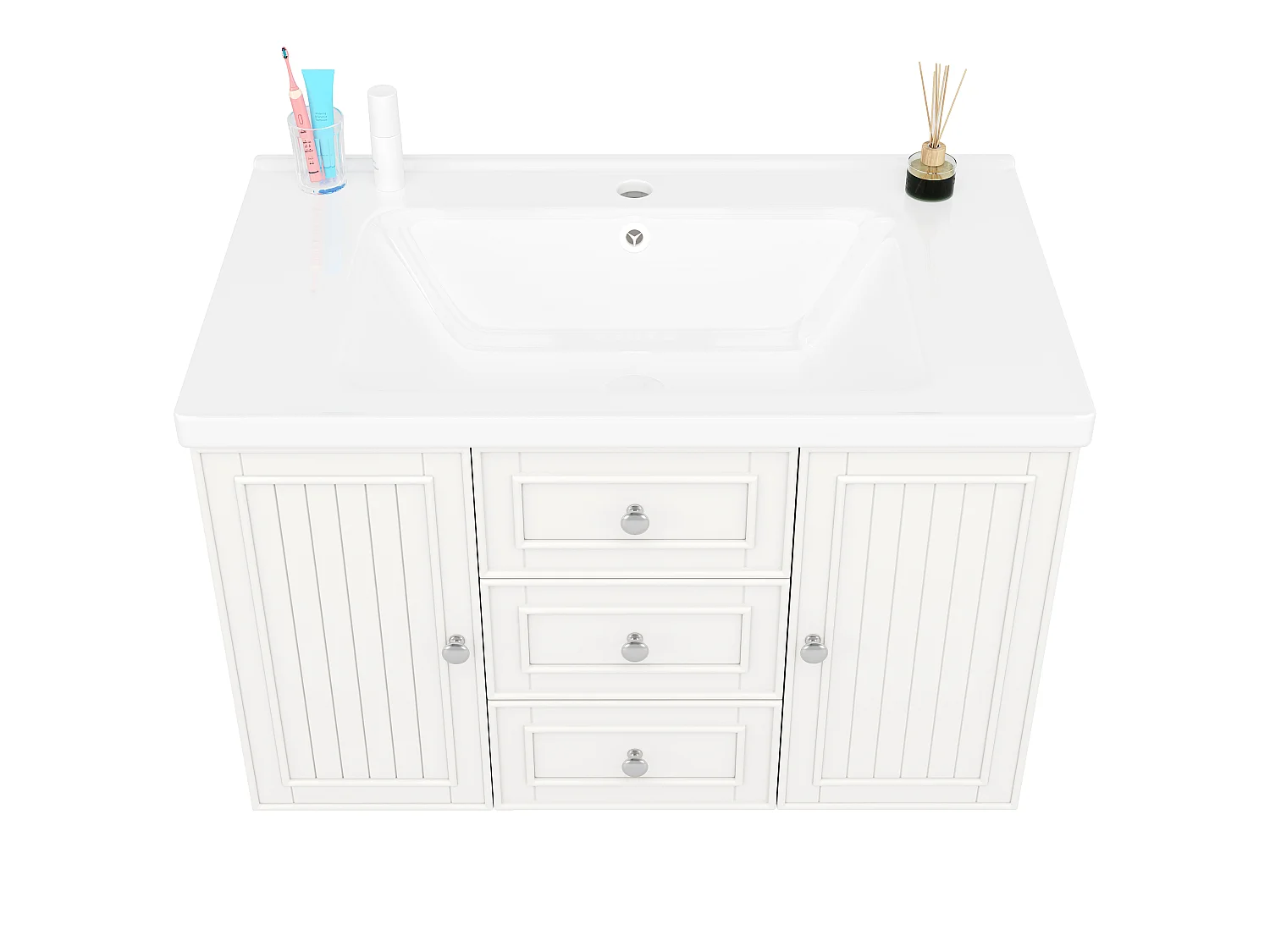 Mobile bagno con lavabo singolo, 2 ante e 3 cassetti, a parete - 78,5 x 46 x 46,8 cm - Ceramica, MDF - Bianco