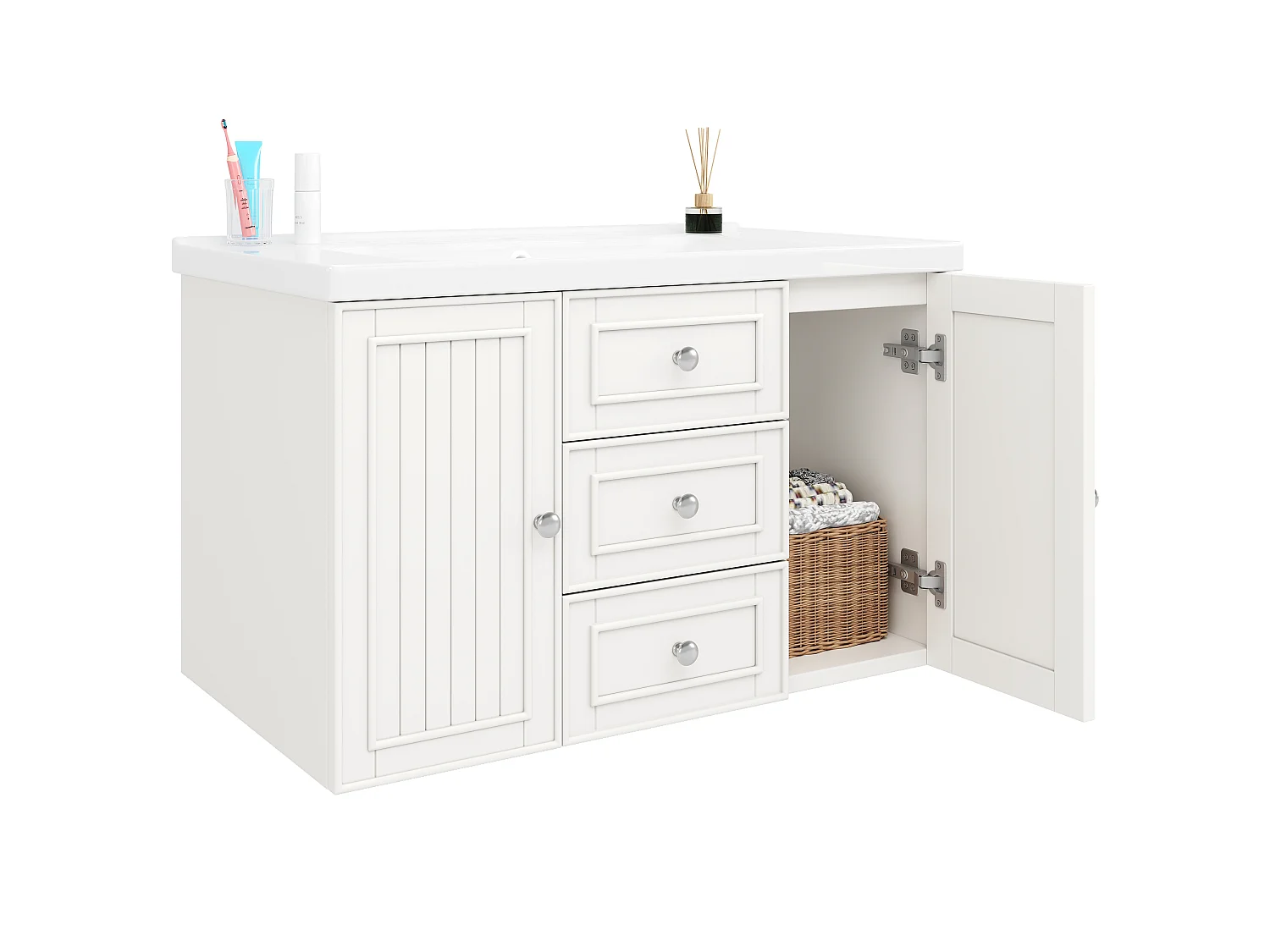 Mobile bagno con lavabo singolo, 2 ante e 3 cassetti, a parete - 78,5 x 46 x 46,8 cm - Ceramica, MDF - Bianco