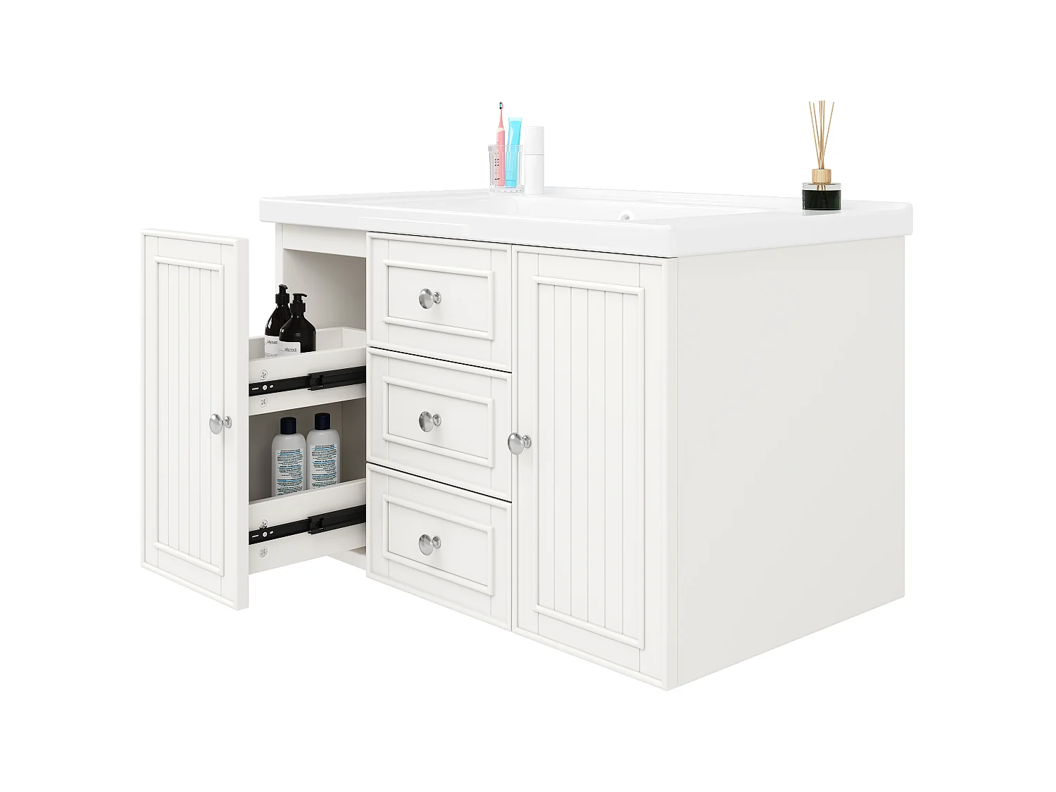 Mobile bagno con lavabo singolo, 2 ante e 3 cassetti, a parete - 78,5 x 46 x 46,8 cm - Ceramica, MDF - Bianco
