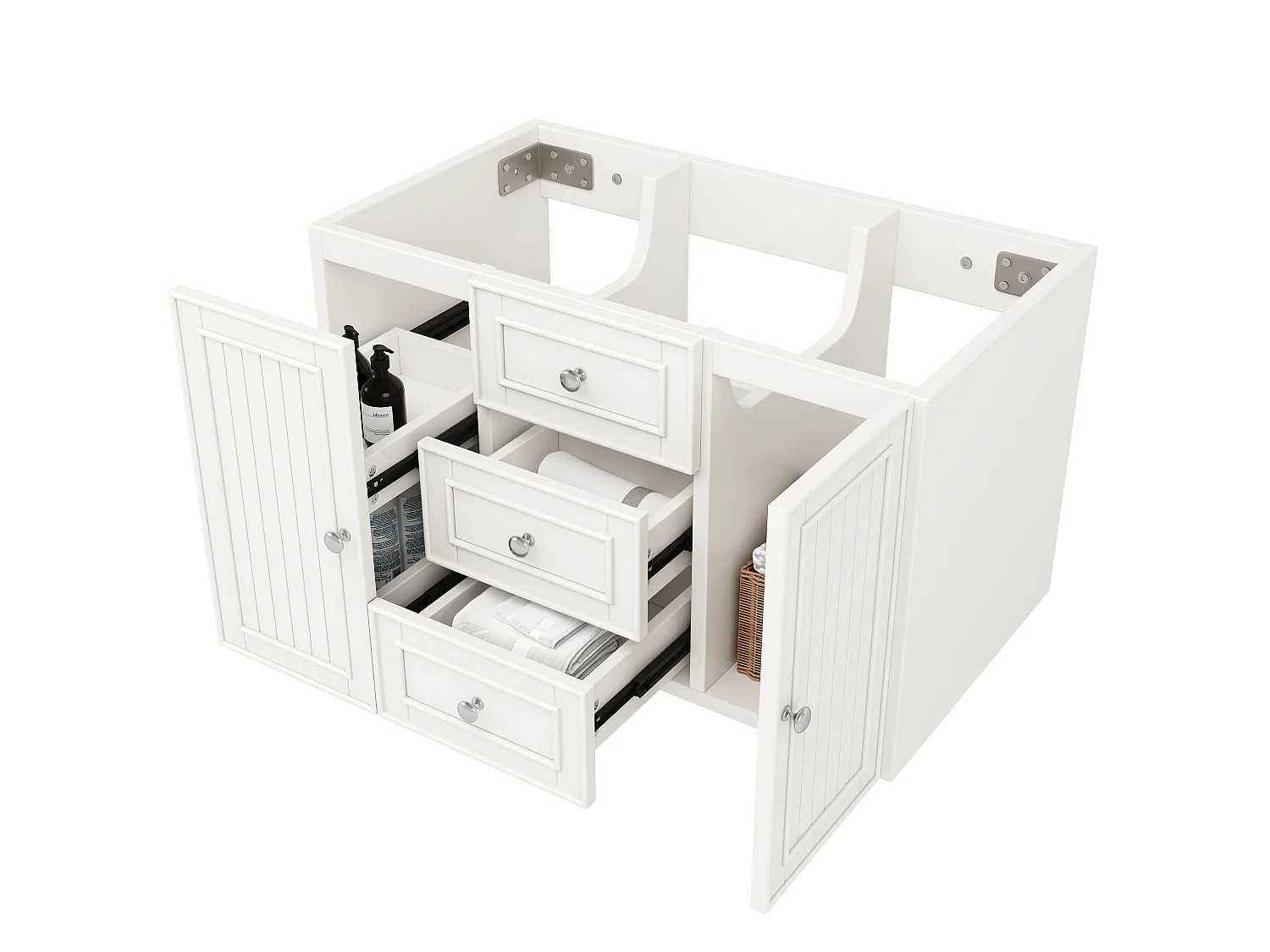 Mobile bagno con lavabo singolo, 2 ante e 3 cassetti, a parete - 78,5 x 46 x 46,8 cm - Ceramica, MDF - Bianco