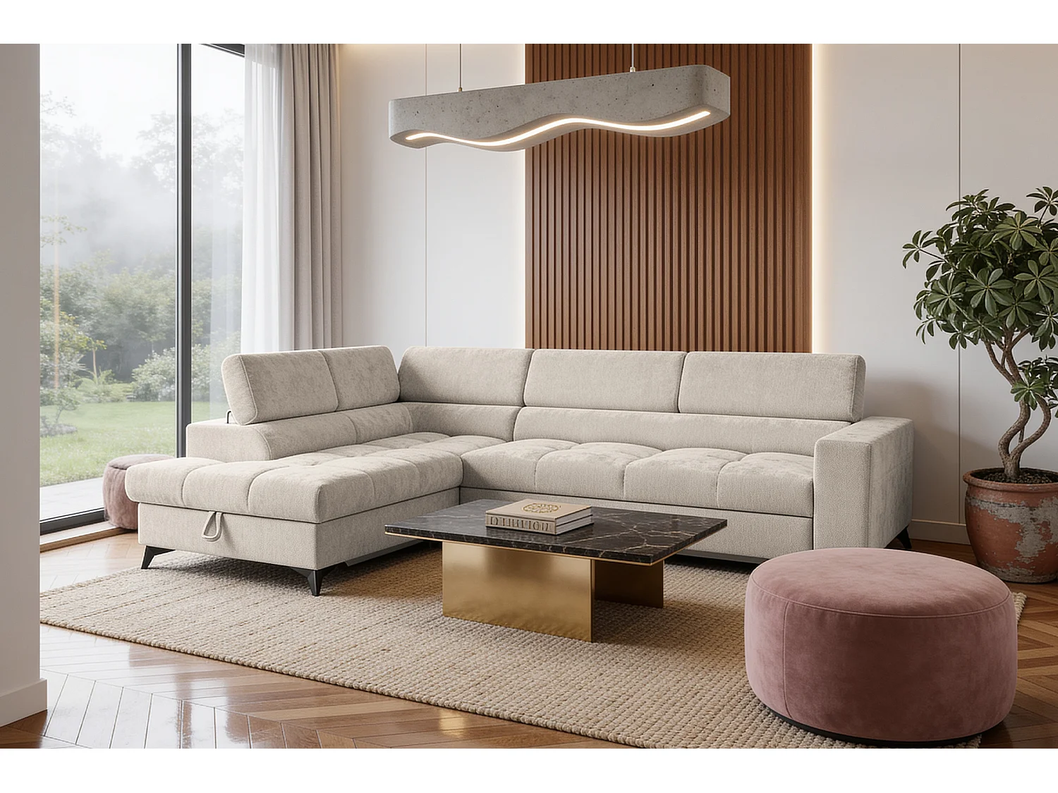 Canapé d'angle gauche convertible 5 places tissu chenille beige BEVIANO