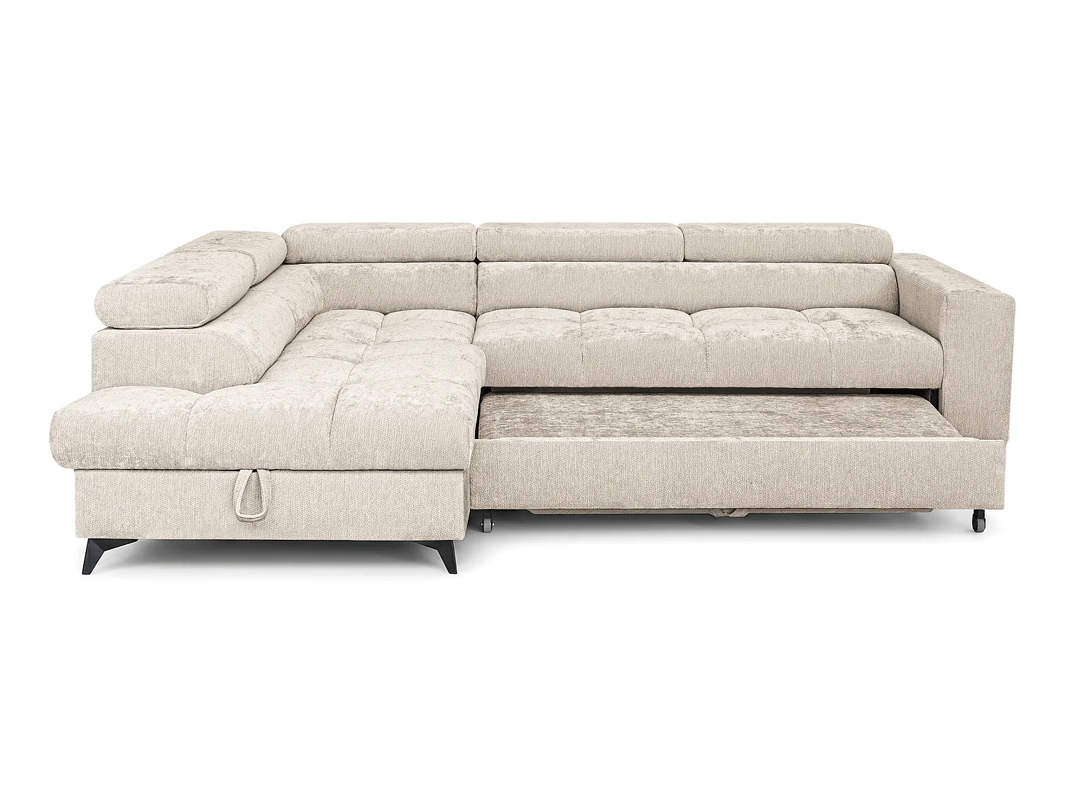 Canapé d'angle gauche convertible 5 places tissu chenille beige BEVIANO