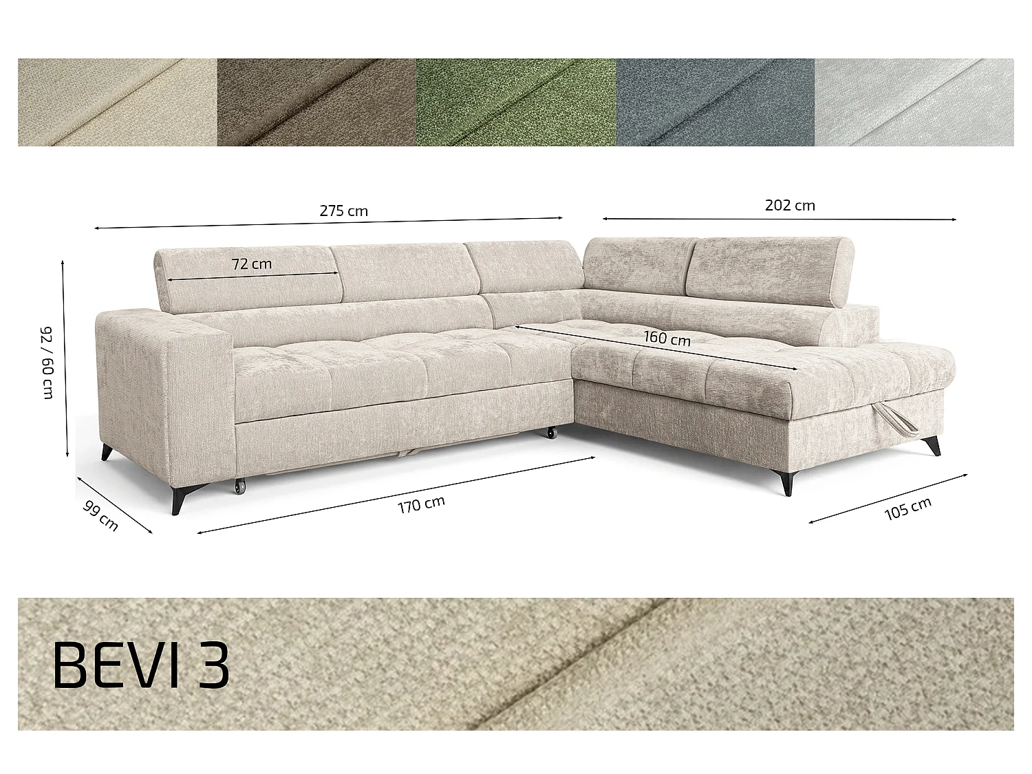 Canapé d'angle gauche convertible 5 places tissu chenille beige BEVIANO