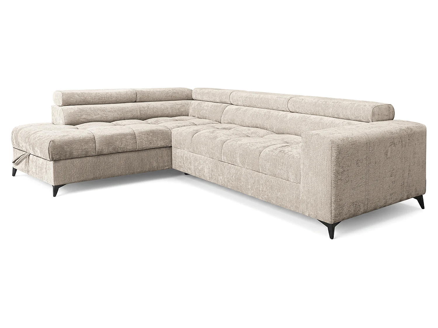Canapé d'angle gauche convertible 5 places tissu chenille beige BEVIANO