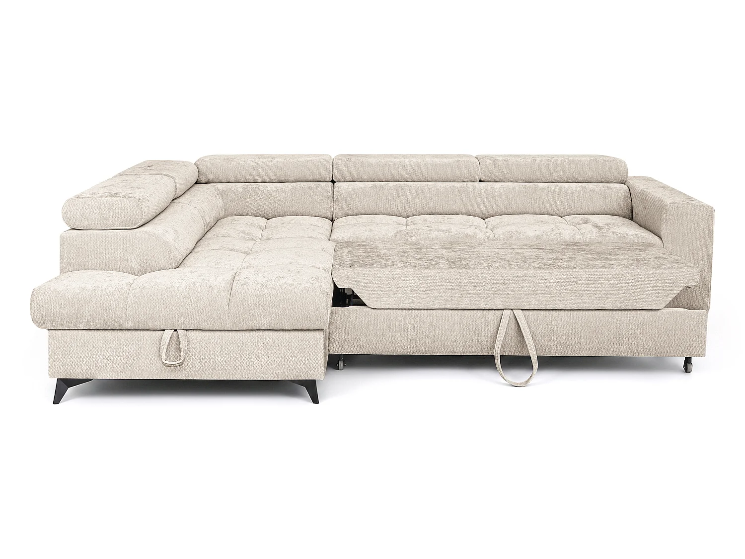 Canapé d'angle gauche convertible 5 places tissu chenille beige BEVIANO