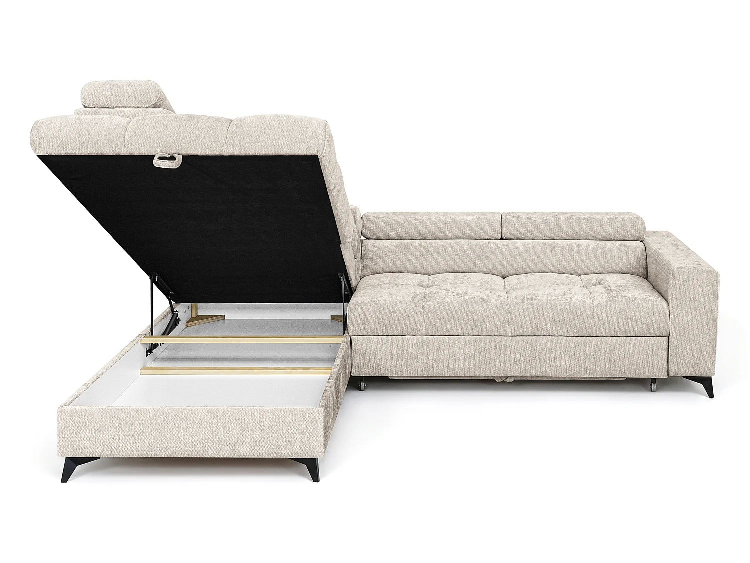 Canapé d'angle gauche convertible 5 places tissu chenille beige BEVIANO