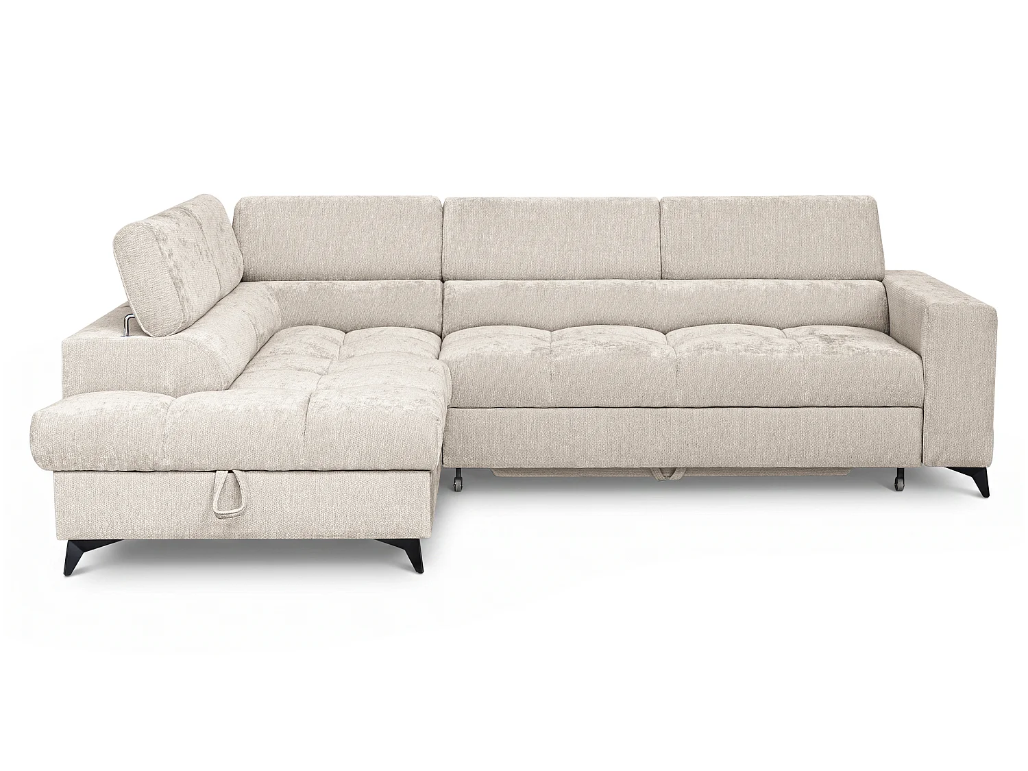Canapé d'angle gauche convertible 5 places tissu chenille beige BEVIANO