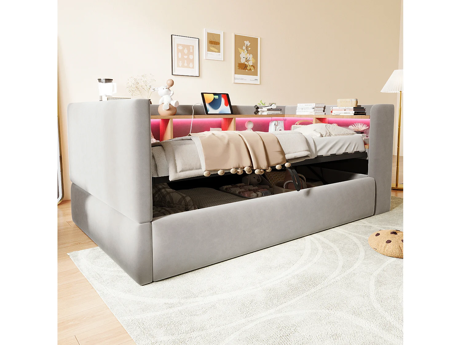 90 x 190 cm storage bed with LED lighting, electrical outlets and compartments - Flannel + metal + MDF - Light grey (Mattress not included)