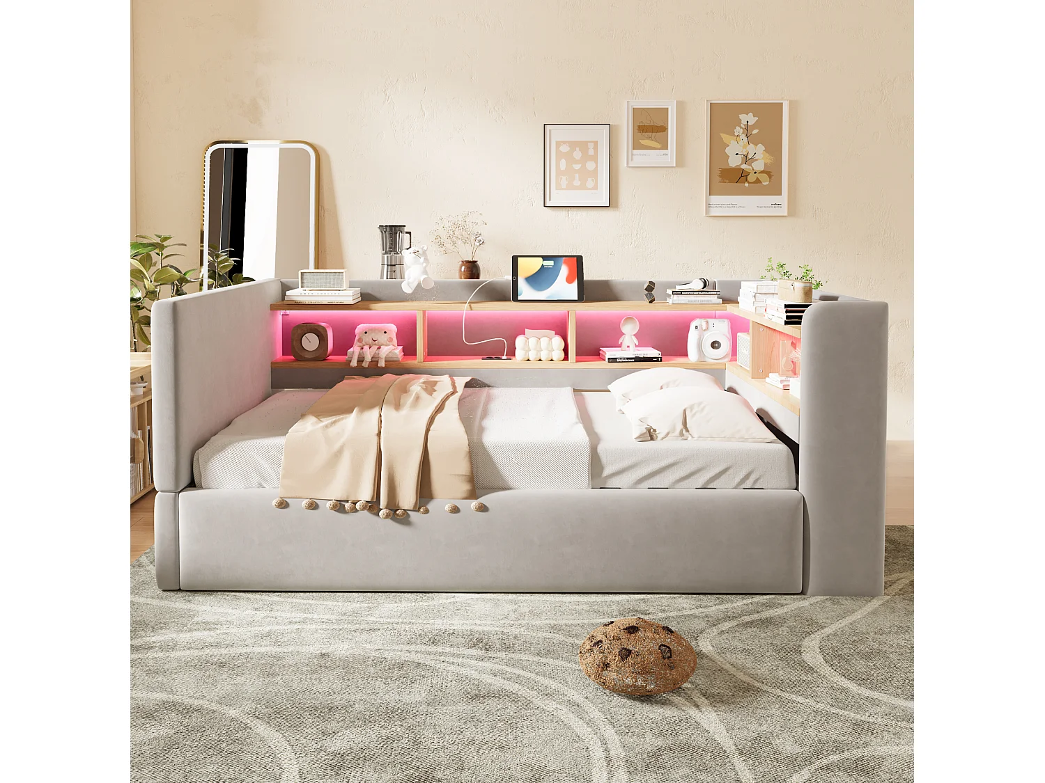 90 x 190 cm storage bed with LED lighting, electrical outlets and compartments - Flannel + metal + MDF - Light grey (Mattress not included)